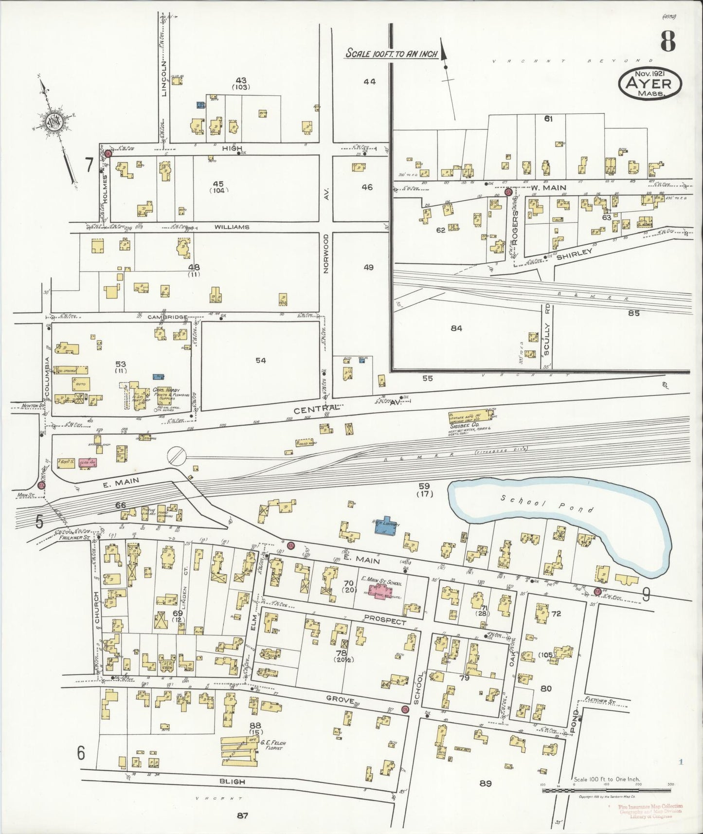Sanborn Fire Insurance Map from Ayer, Middlesex County, Massachusetts (1921), Sheet #0008 - Historic Sanborn Fire Insurance Map Print, vintage old map wall art, antique decor, genealogy gift, Massachusetts Massachusetts map