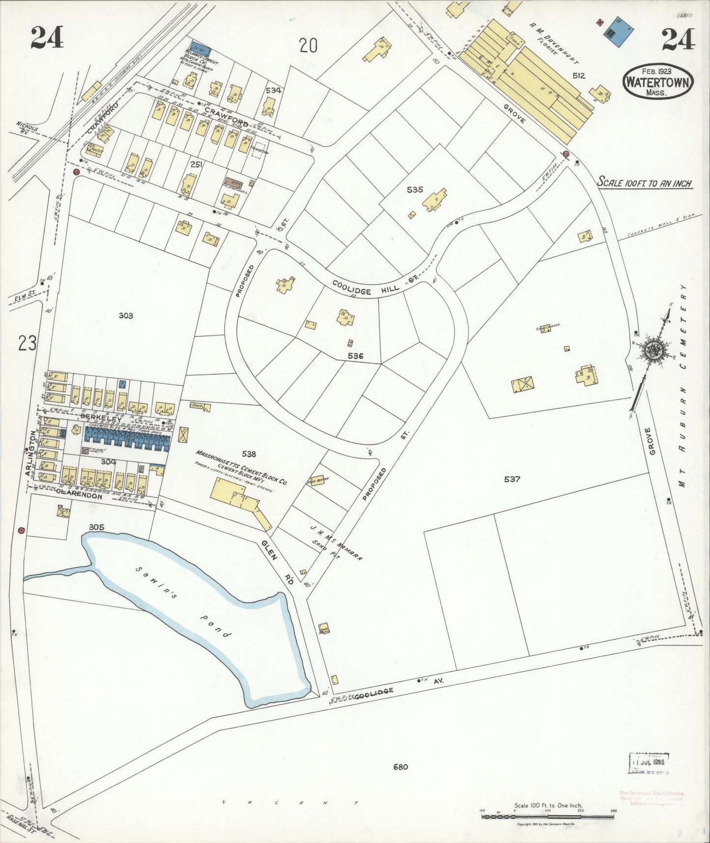 Sanborn Fire Insurance Map from Watertown, Middlesex County, Massachusetts (1923), Sheet #0024 - Historic Sanborn Fire Insurance Map Print, vintage old map wall art, antique decor, genealogy gift, Massachusetts Massachusetts map