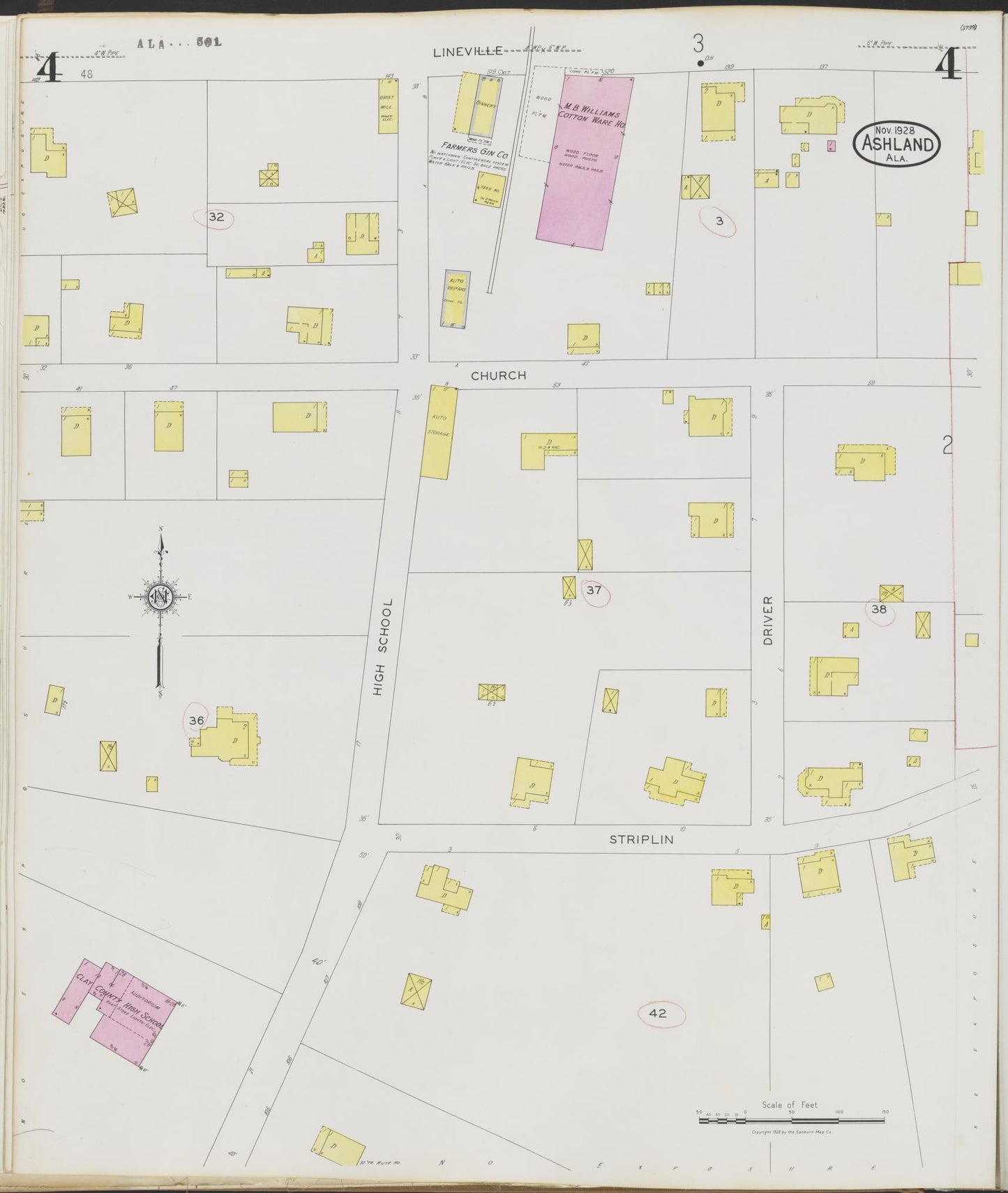 Sanborn Fire Insurance Map from Ashland, Clay County, Alabama (1928), Sheet #0004 - Complete Map Set gallery image, historic Sanborn map, vintage wall art, Alabama Alabama