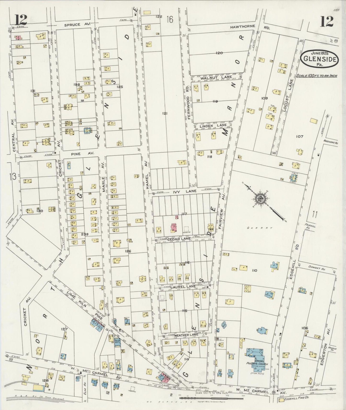 Sanborn Fire Insurance Map from Glenside, Montgomery County, Pennsylvania (1925), Sheet #0012 - Historic Sanborn Fire Insurance Map Print, vintage old map wall art, antique decor, genealogy gift, Pennsylvania Pennsylvania map