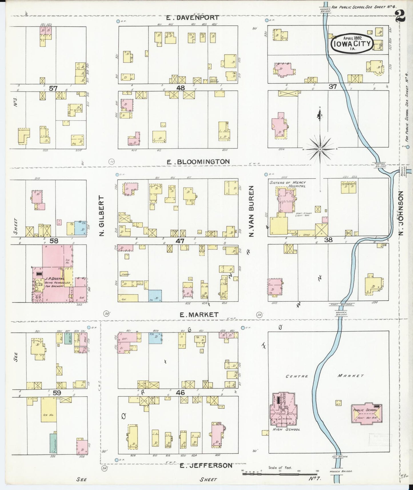 Sanborn Fire Insurance Map from Iowa City, Johnson County, Iowa (1892), Sheet #0002 - Historic Sanborn Fire Insurance Map Print, vintage old map wall art