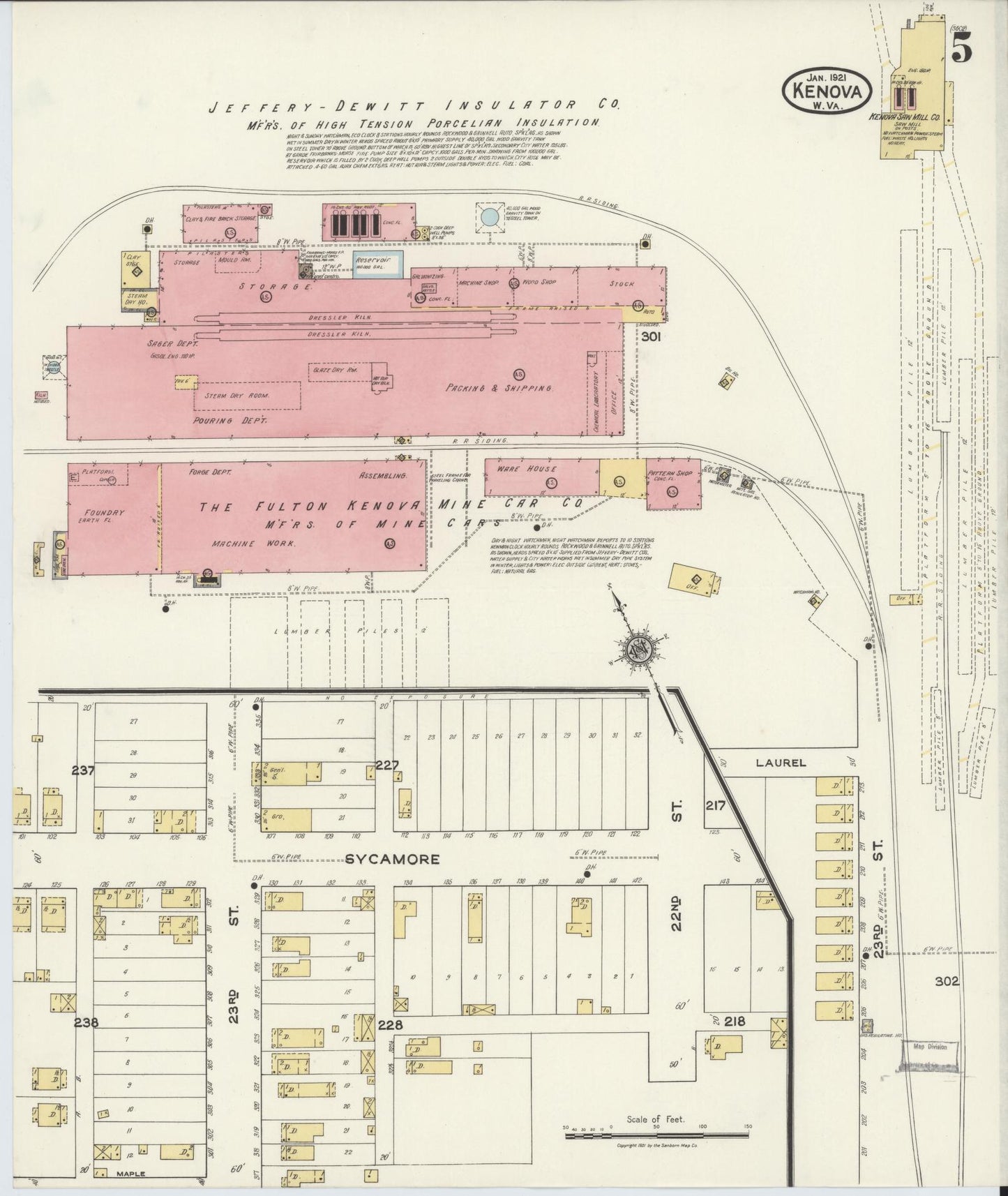 Sanborn Fire Insurance Map from Kenova, Wayne County, West Virginia (1921), Sheet #0005 - Historic Sanborn Fire Insurance Map Print, vintage old map wall art, antique decor, genealogy gift, West Virginia West Virginia map