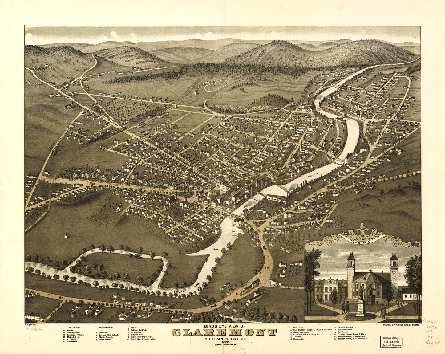 Birds eye view of Claremont, Sullivan County, N.H. 1877. (1877) – Historic Bird’s-Eye View Panorama Print