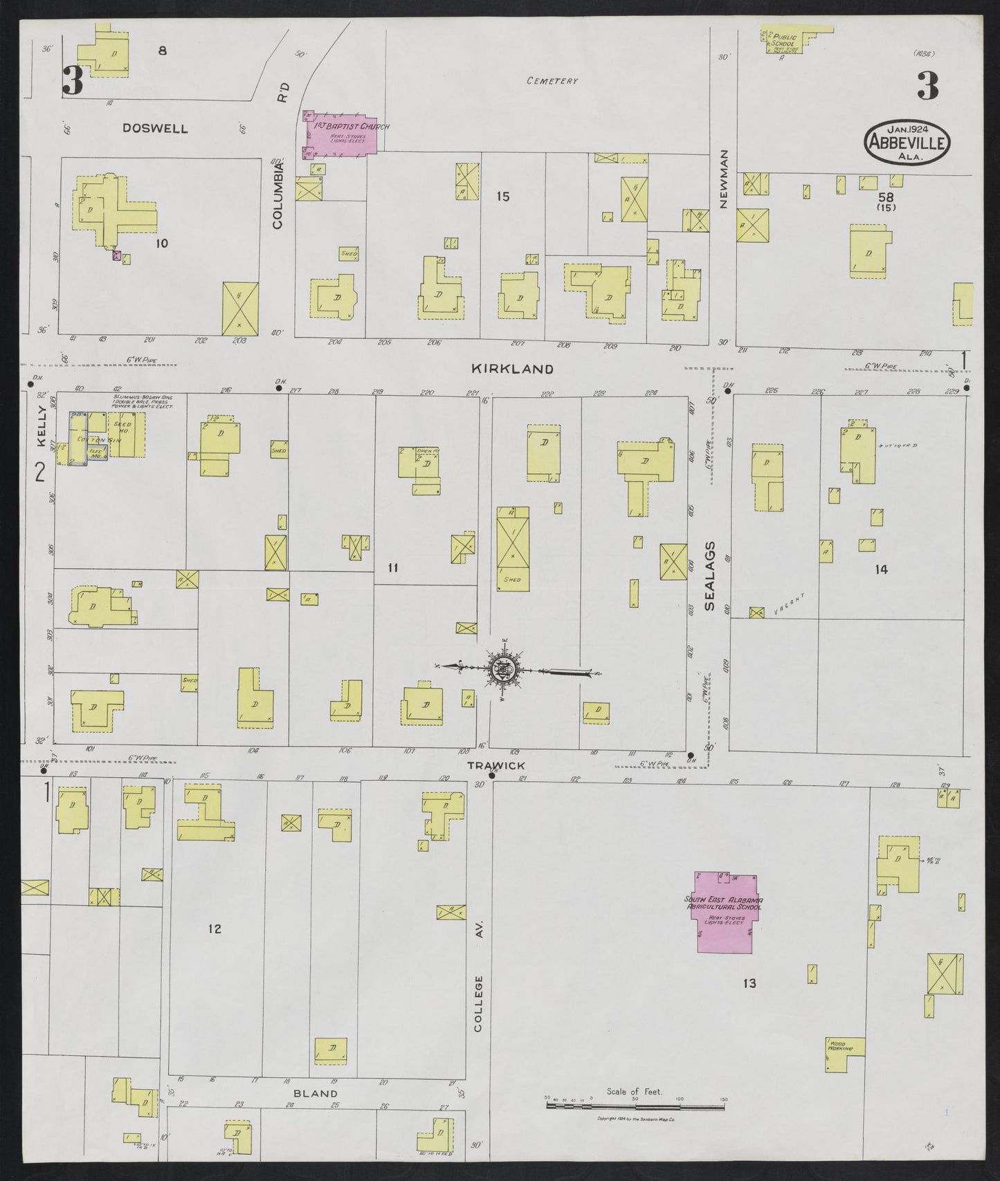 Sanborn Fire Insurance Map from Abbeville, Henry County, Alabama (1924), Sheet #0003 - Historic Sanborn Fire Insurance Map Print, vintage old map wall art, antique decor, genealogy gift, Alabama Alabama map