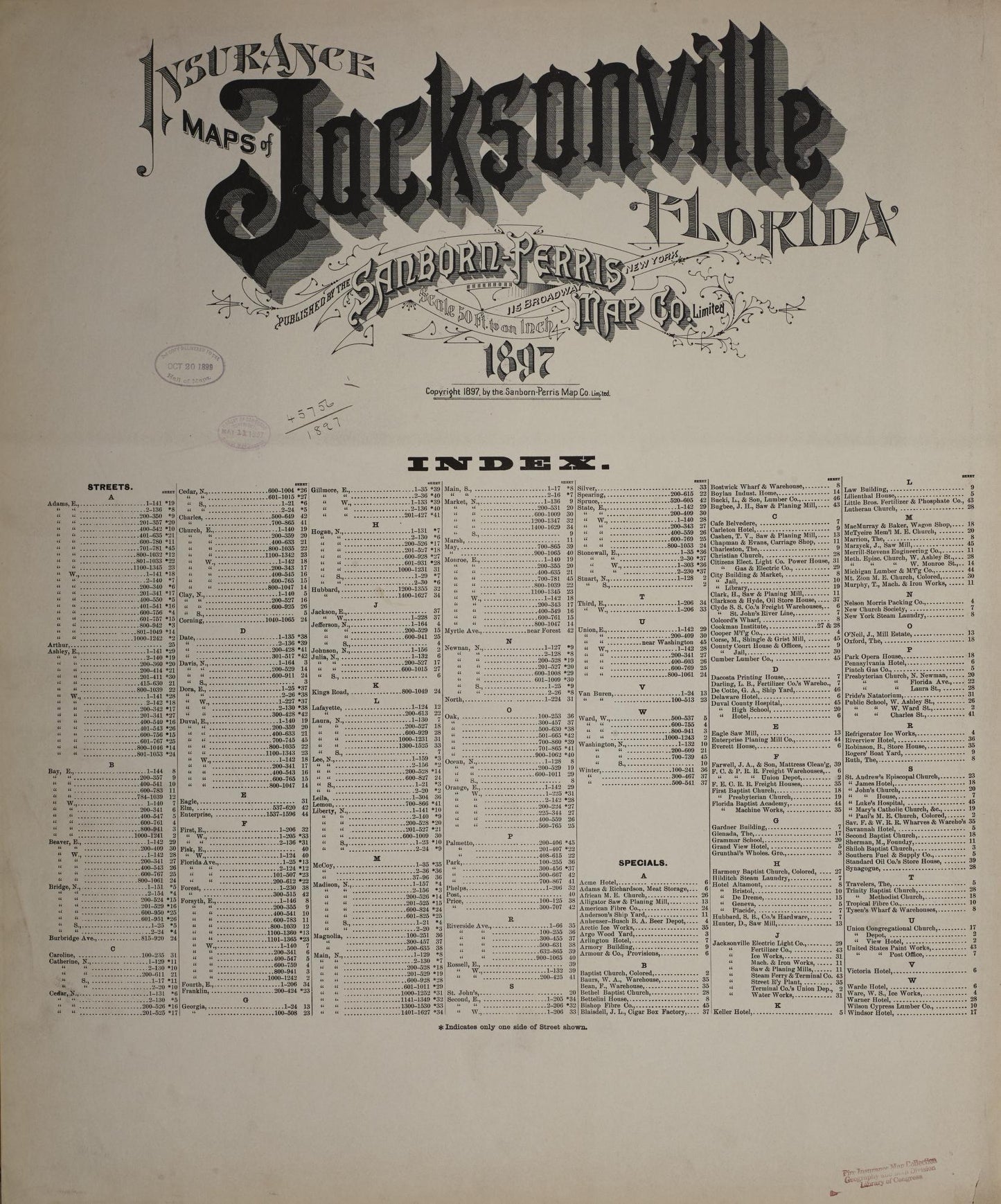 Sanborn Fire Insurance Map from Jacksonville, Duval County, Florida (1897), Sheet #0001 - Historic Sanborn Fire Insurance Map Print, vintage old map wall art, antique decor, genealogy gift, Florida Florida map