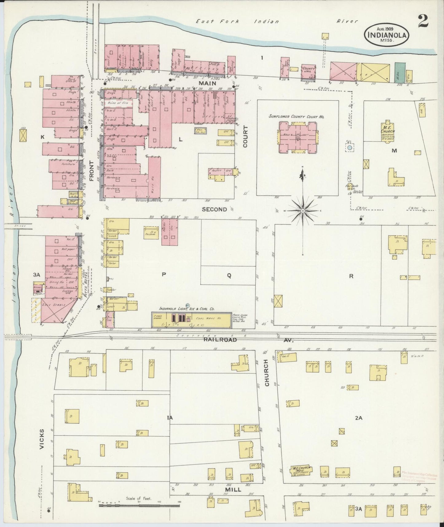 Sanborn Fire Insurance Map from Indianola, Sunflower County, Mississippi (1909), Sheet #0002 - Complete Map Set gallery image, historic Sanborn map, vintage wall art, Mississippi Mississippi