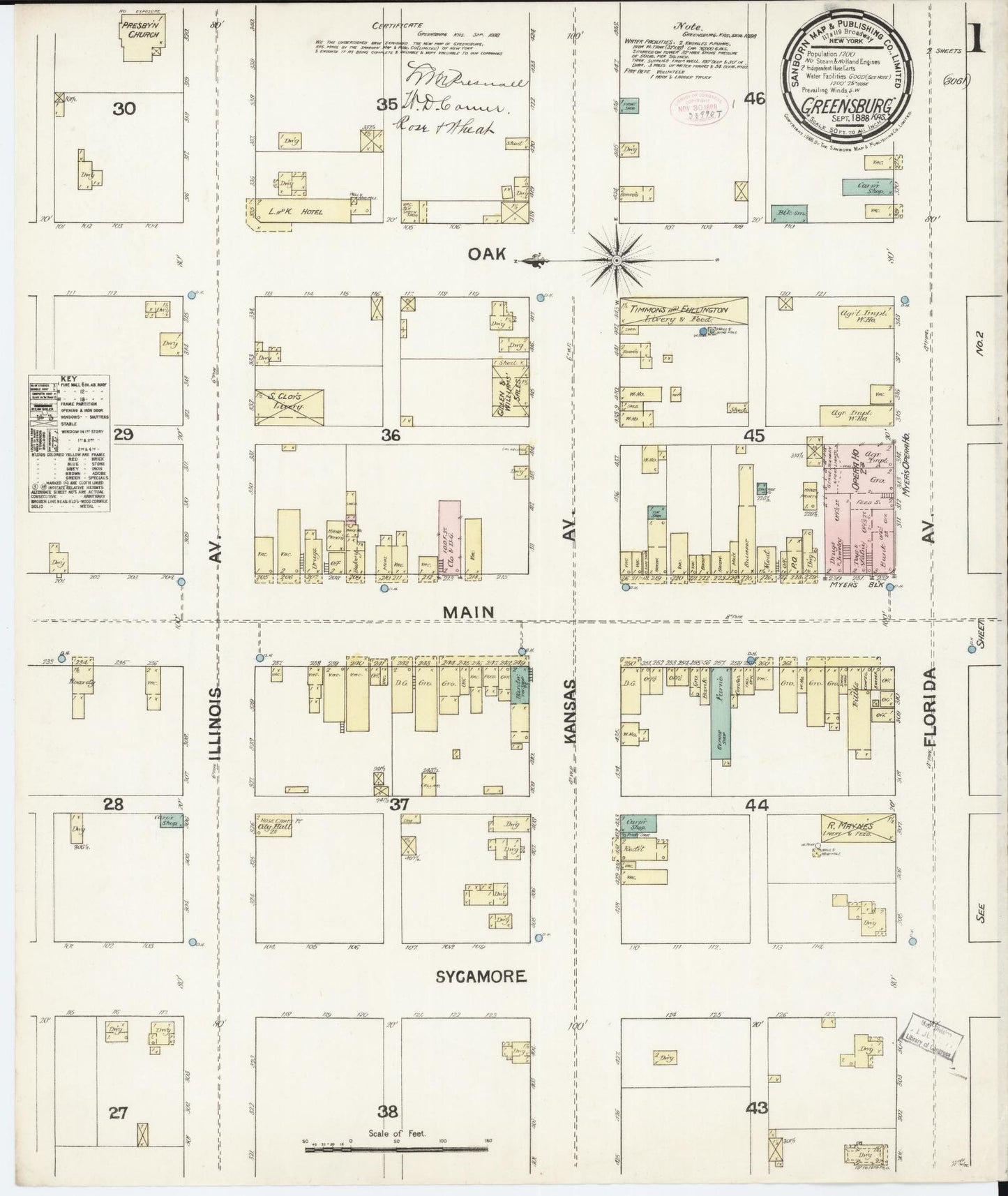 Sanborn Fire Insurance Map from Greensburg, Kiowa County, Kansas (1888), Sheet #0001 - Historic Sanborn Fire Insurance Map Print, vintage old map wall art, antique decor, genealogy gift, Kansas Kansas map