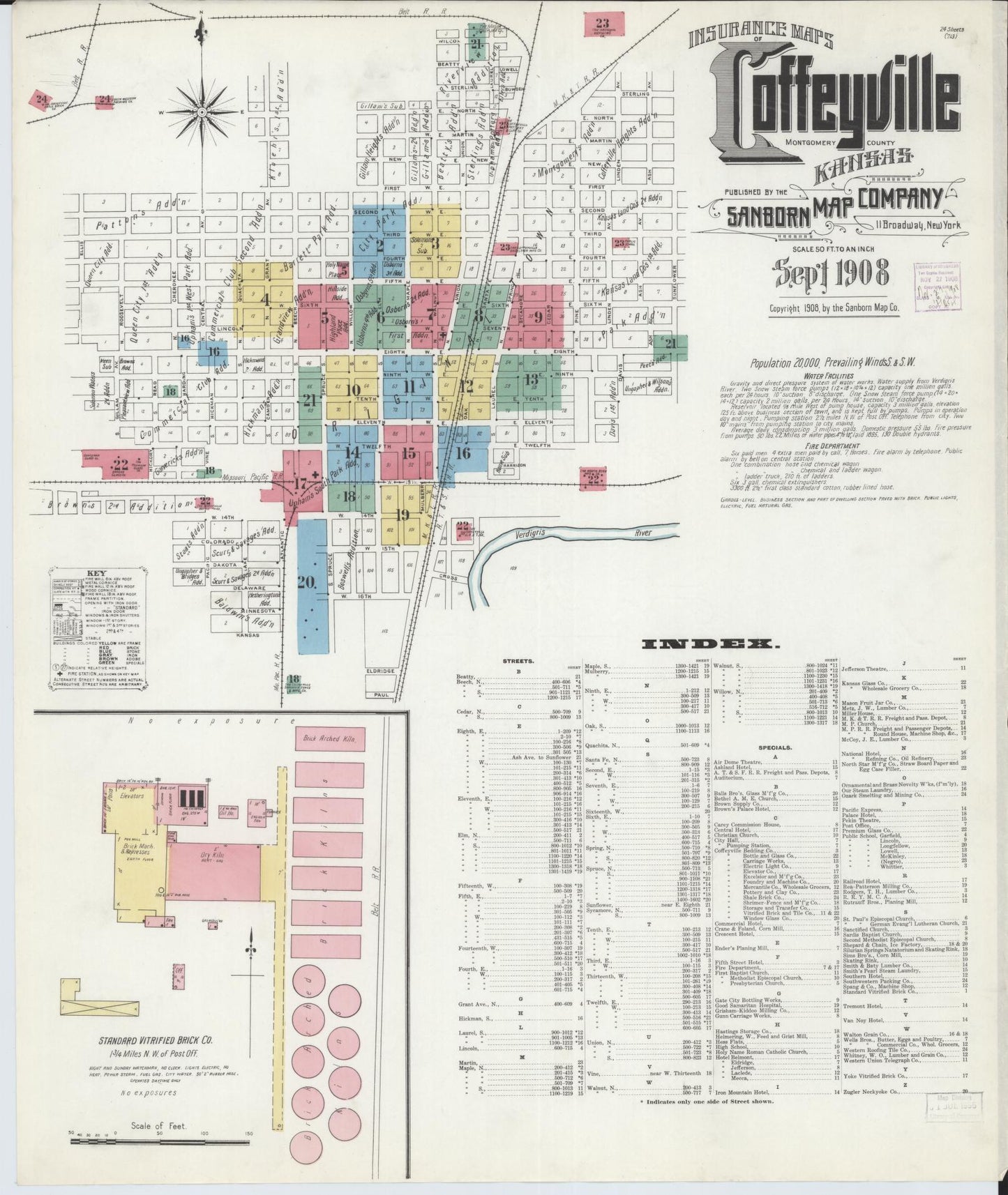 Sanborn Fire Insurance Map from Coffeyville, Montgomery County, Kansas (1908), Sheet #0001 - Historic Sanborn Fire Insurance Map Print, vintage old map wall art, antique decor, genealogy gift, Kansas Kansas map