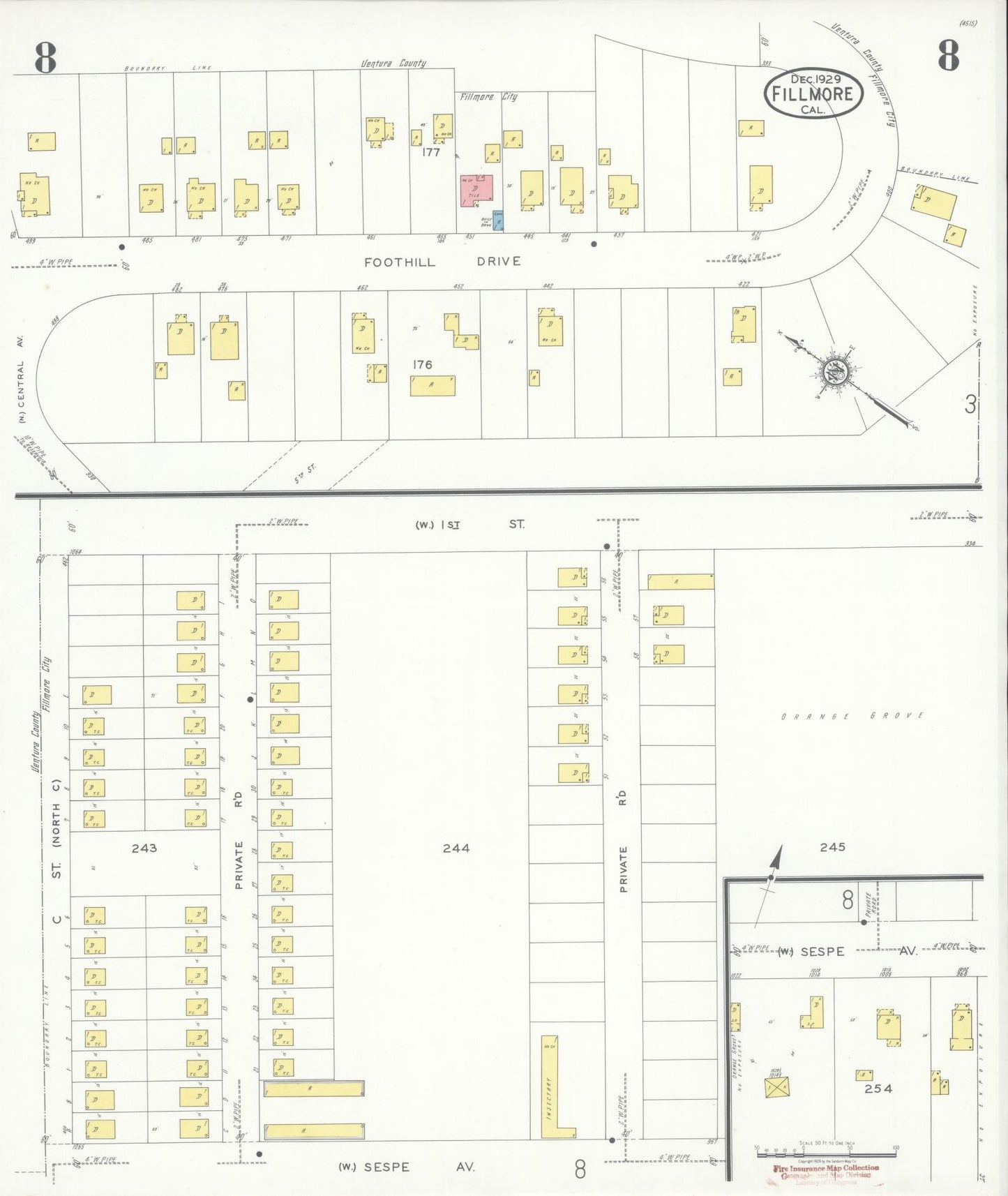 Sanborn Fire Insurance Map from Fillmore, Ventura County, California (1929), Sheet #0008 - Historic Sanborn Fire Insurance Map Print, vintage old map wall art, antique decor, genealogy gift, California California map