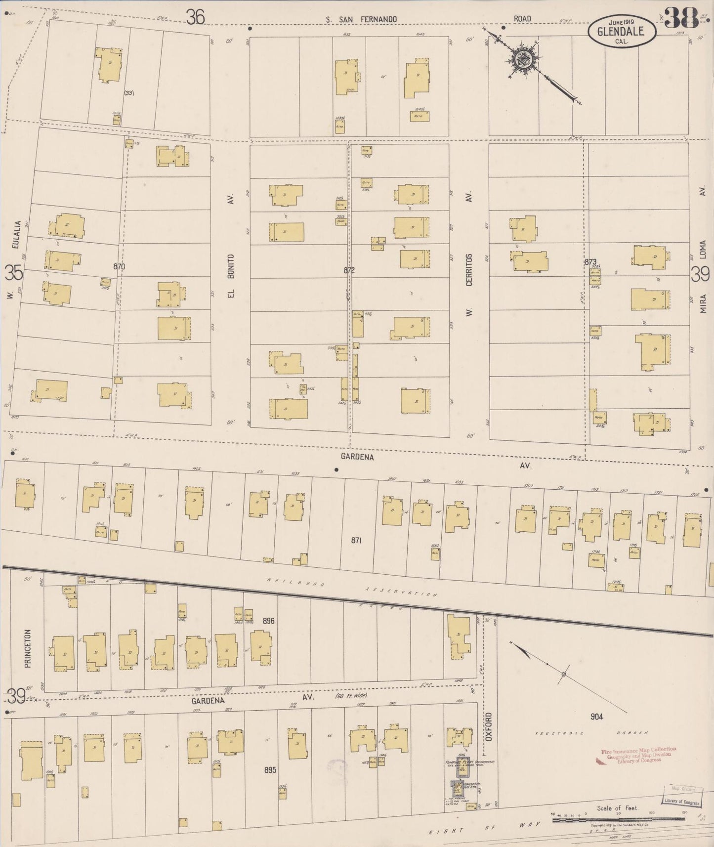Sanborn Fire Insurance Map from Glendale, Los Angeles County, California (1919), Sheet #0038 - Historic Sanborn Fire Insurance Map Print, vintage old map wall art, antique decor, genealogy gift, California California map