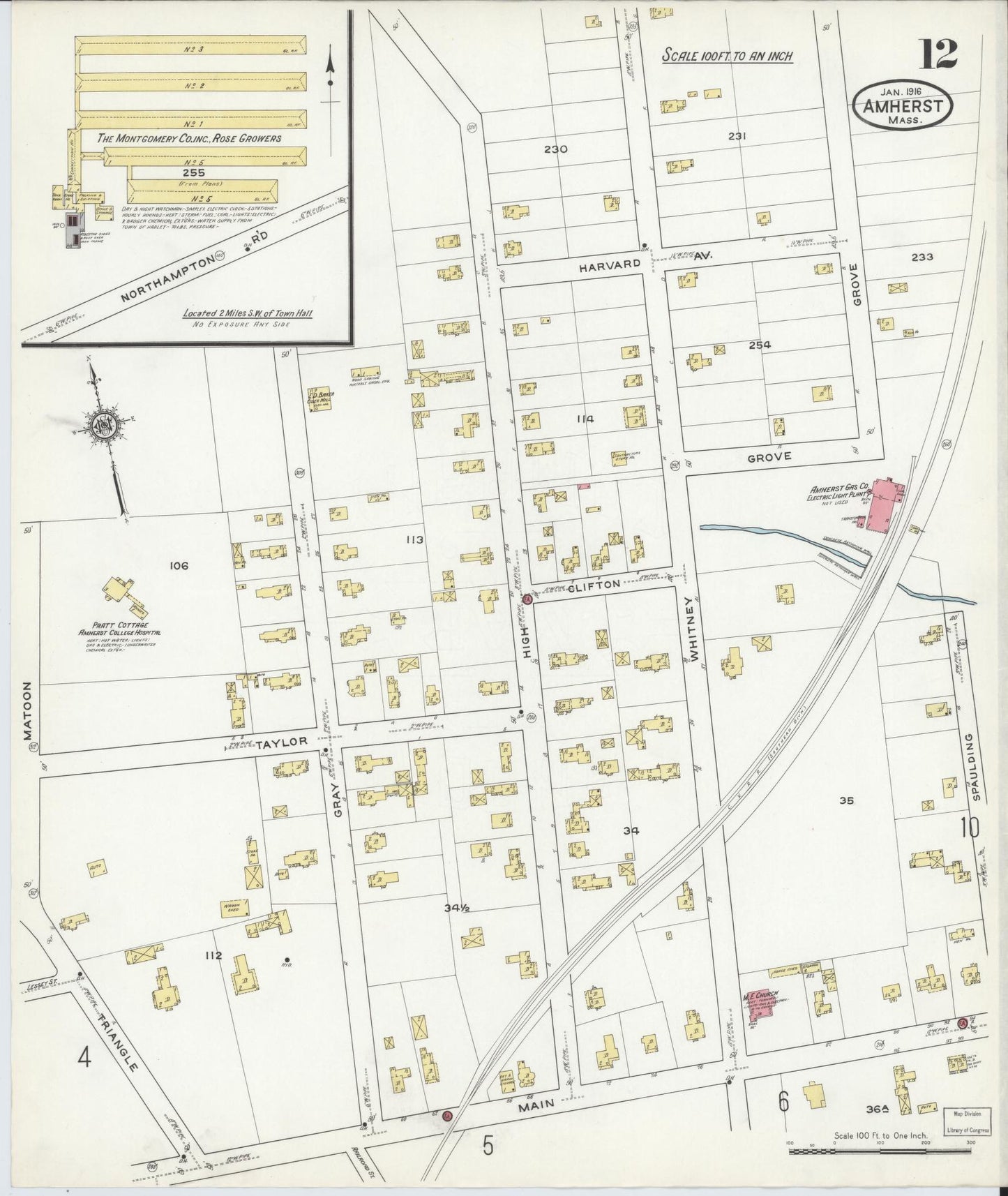 Sanborn Fire Insurance Map from Amherst, Hampshire County, Massachusetts (1916), Sheet #0012 - Historic Sanborn Fire Insurance Map Print, vintage old map wall art, antique decor, genealogy gift, Massachusetts Massachusetts map