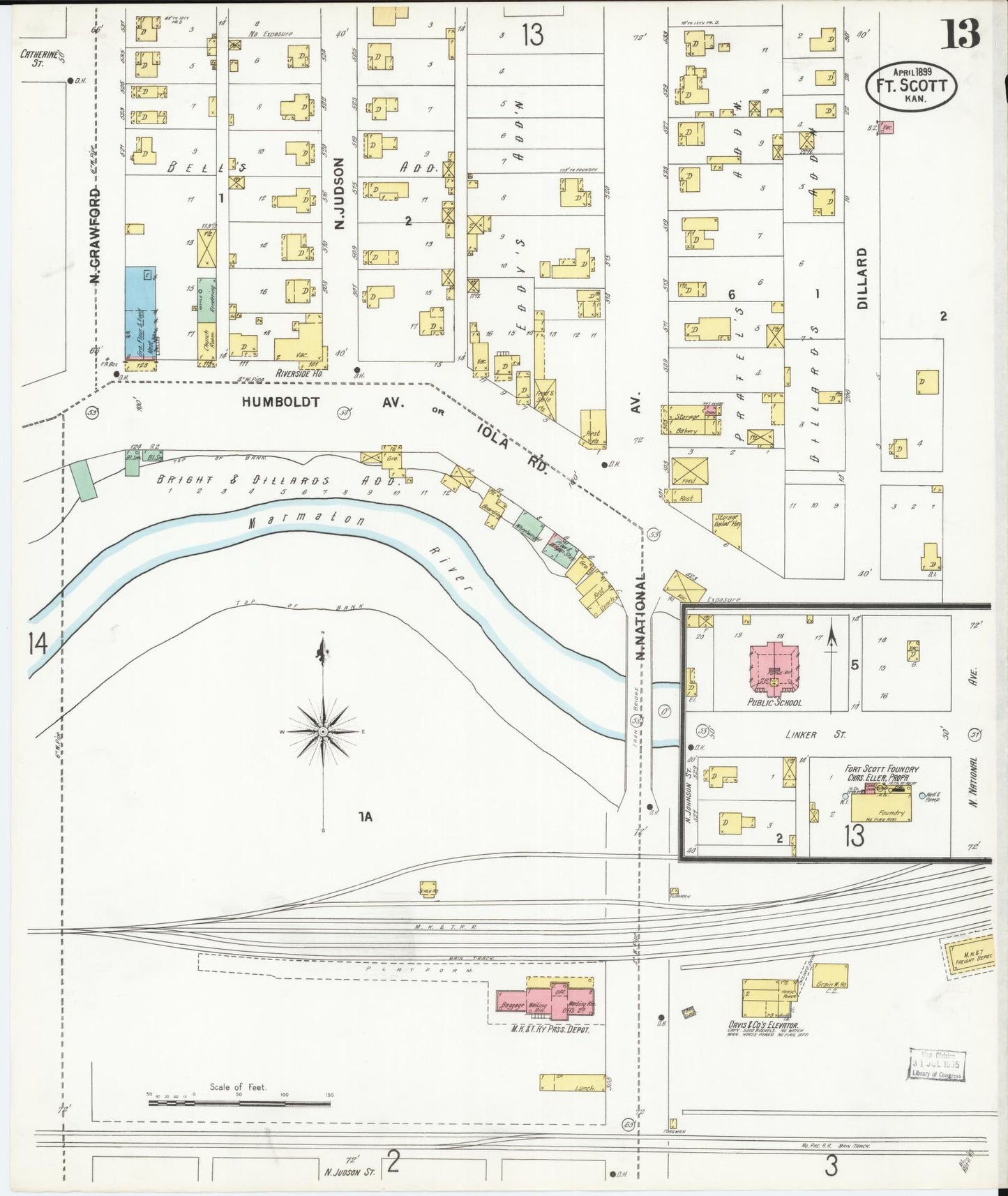 Sanborn Fire Insurance Map from Fort Scott, Bourbon County, Kansas (1899), Sheet #0013 - Historic Sanborn Fire Insurance Map Print, vintage old map wall art, antique decor, genealogy gift, Kansas Kansas map