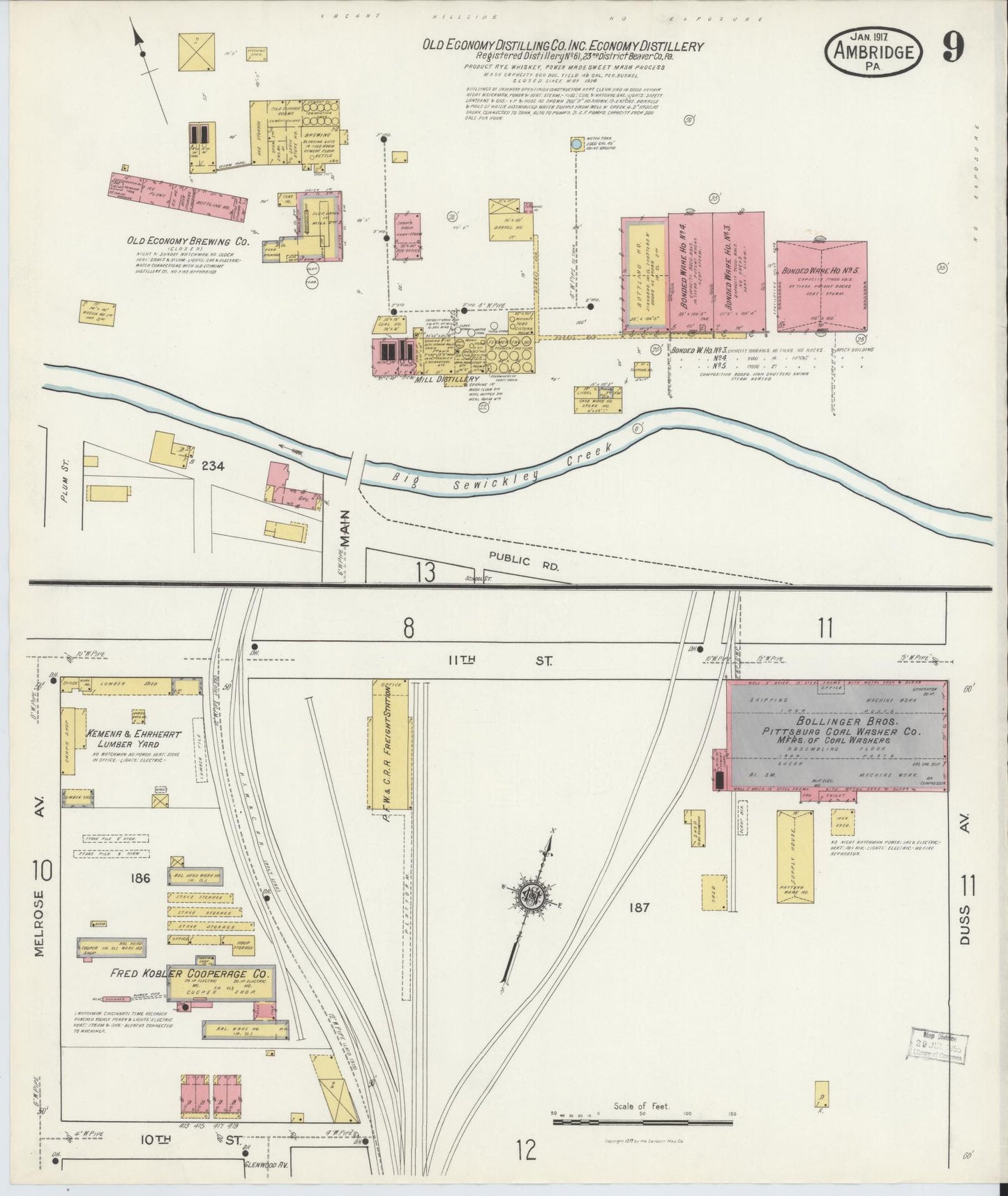 Sanborn Fire Insurance Map from Ambridge, Beaver County, Pennsylvania (1917), Sheet #0009 - Historic Sanborn Fire Insurance Map Print, vintage old map wall art, antique decor, genealogy gift, Pennsylvania Pennsylvania map