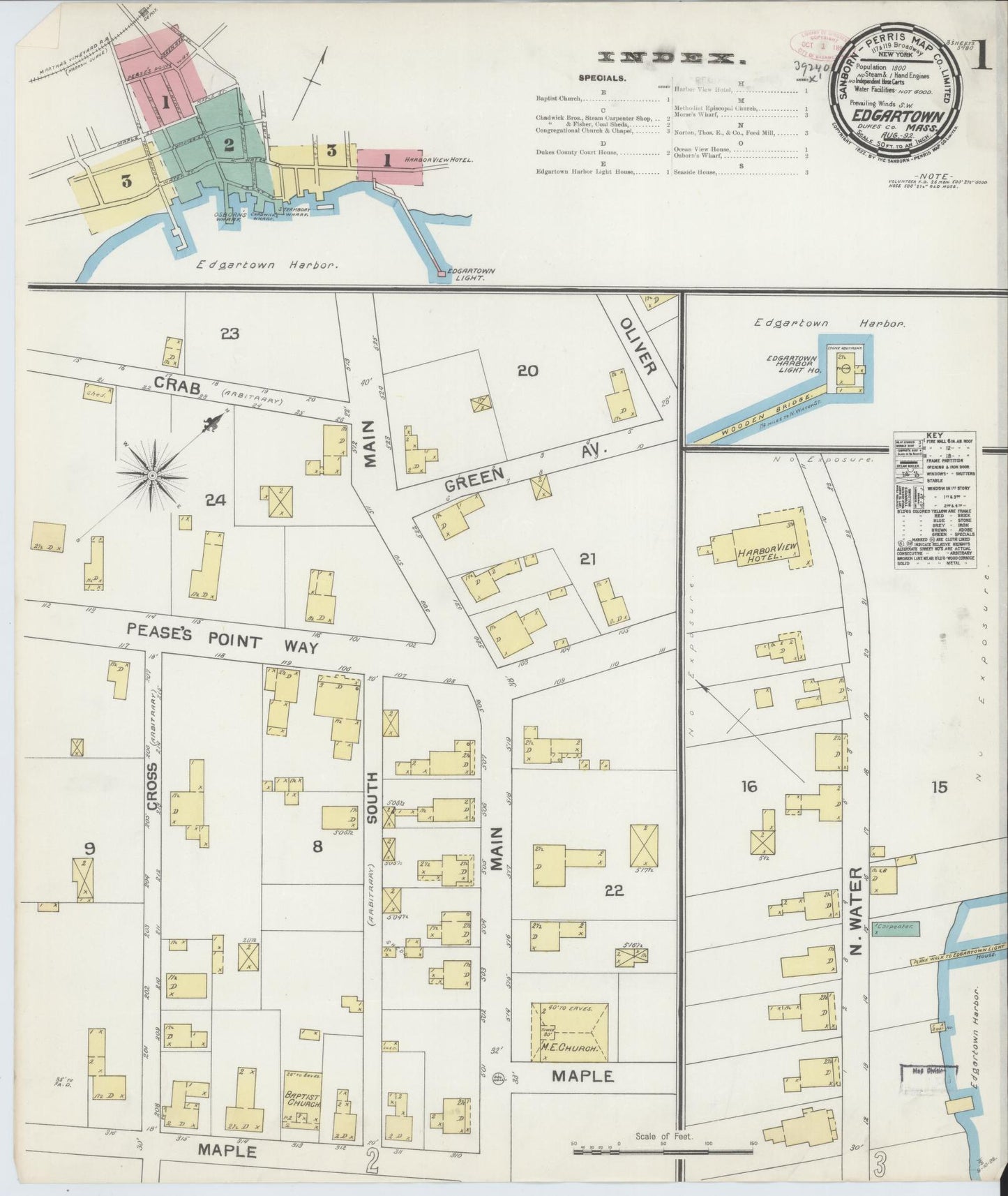 Sanborn Fire Insurance Map from Edgartown, Dukes County, Massachusetts (1892), Sheet #0001 - Historic Sanborn Fire Insurance Map Print, vintage old map wall art, antique decor, genealogy gift, Massachusetts Massachusetts map