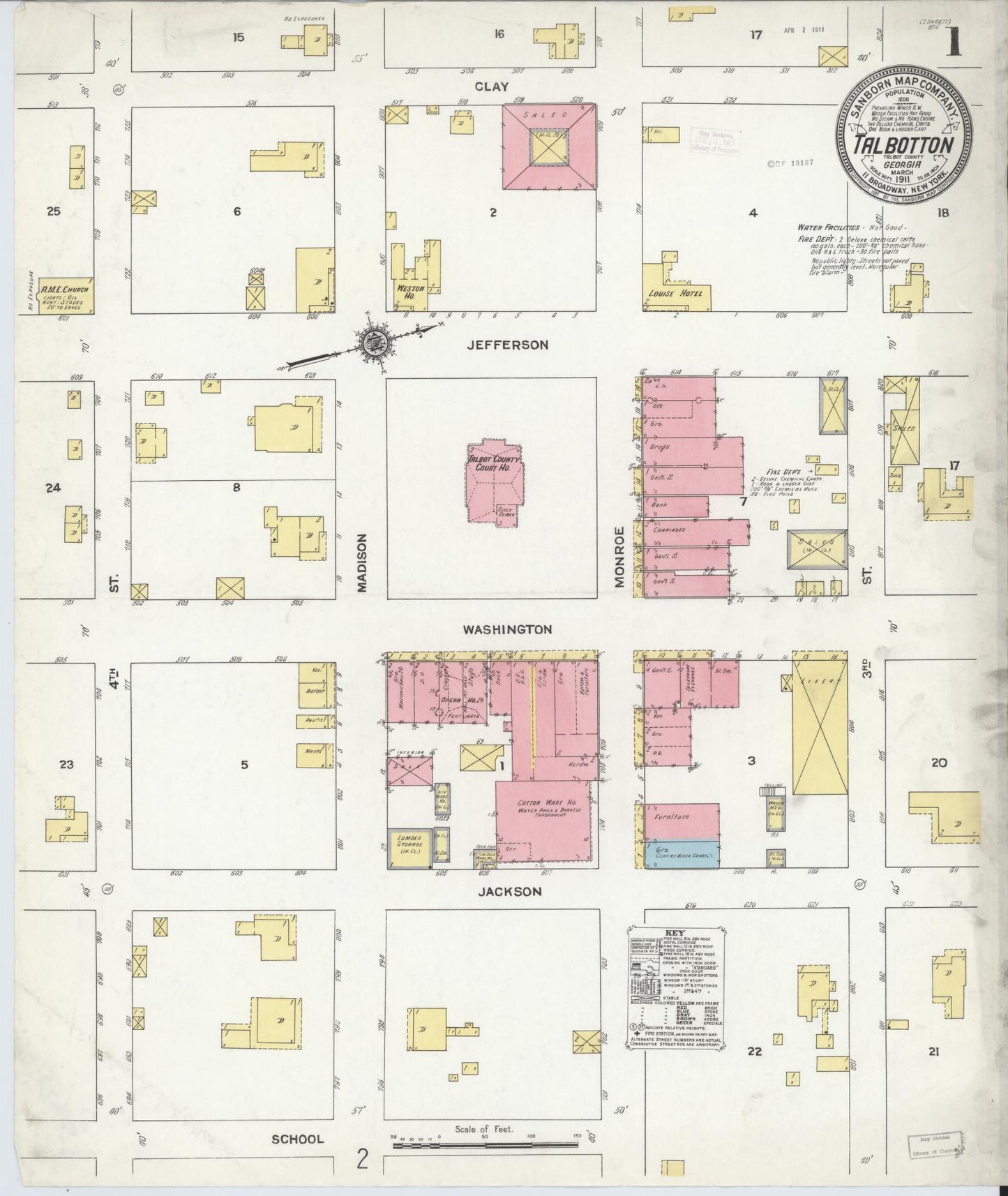 Sanborn Fire Insurance Map from Talbotton, Talbot County, Georgia (1911), Sheet #0001 - Historic Sanborn Fire Insurance Map Print, vintage old map wall art, antique decor, genealogy gift, Georgia Georgia map