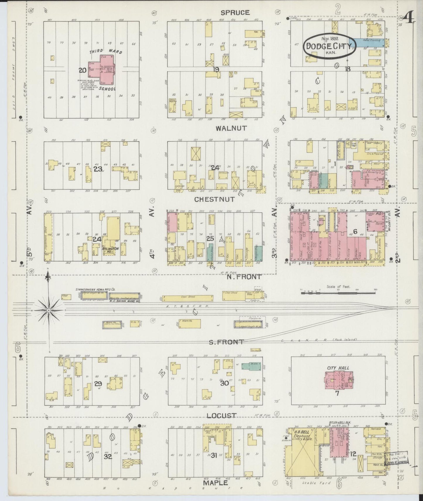 Sanborn Fire Insurance Map from Dodge City, Ford County, Kansas (1892), Sheet #0004 - Historic Sanborn Fire Insurance Map Print, vintage old map wall art, antique decor, genealogy gift, Kansas Kansas map