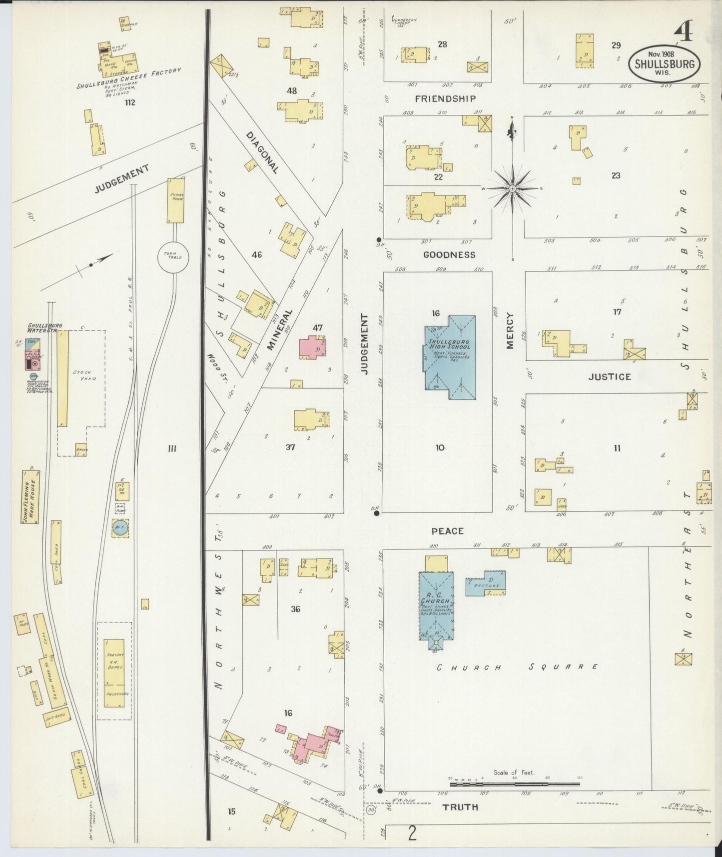 Sanborn Fire Insurance Map from Shullsburg, Lafayette County, Wisconsin (1908), Sheet #0004 - Complete Map Set gallery image, historic Sanborn map, vintage wall art, Wisconsin Wisconsin