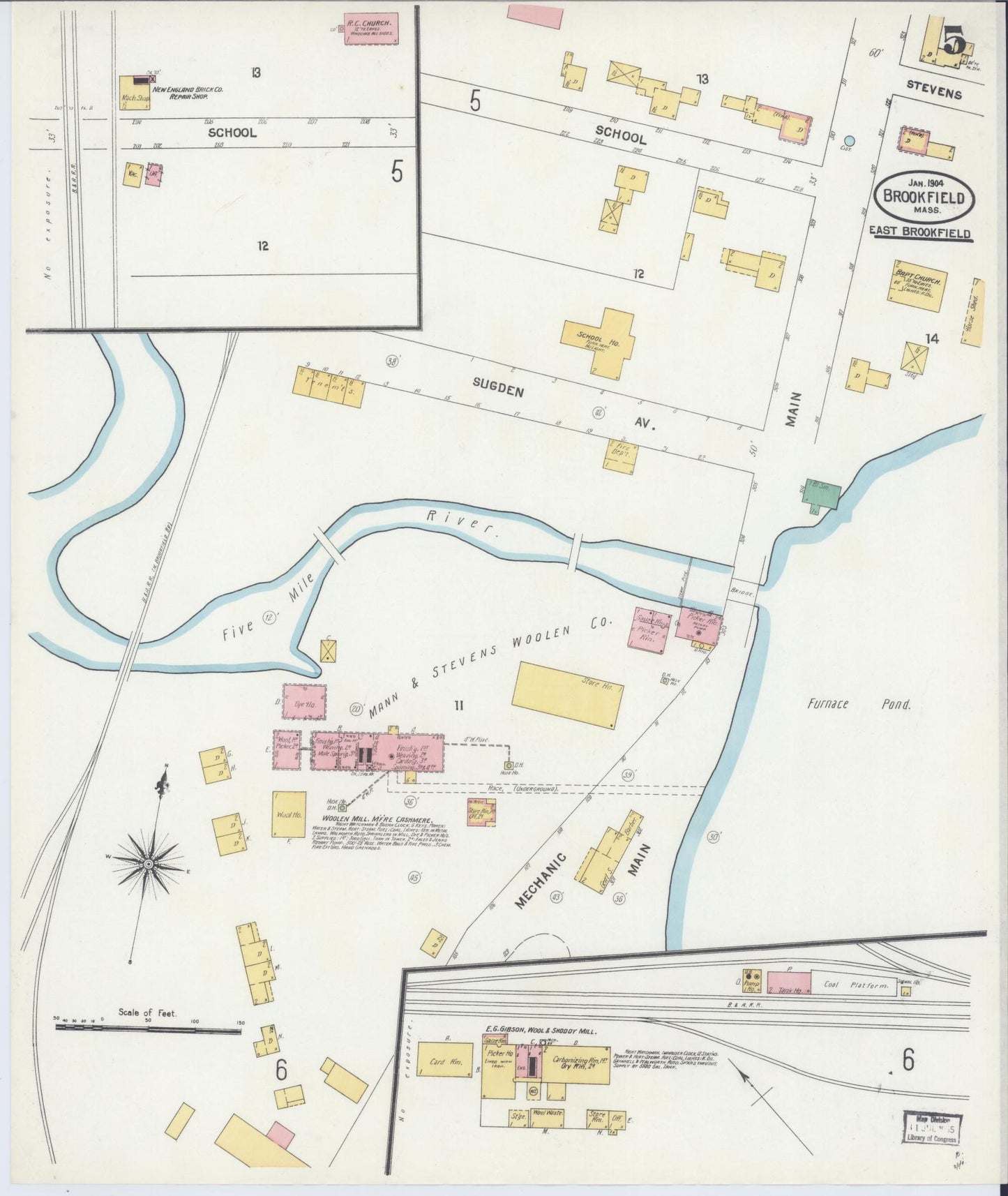 Sanborn Fire Insurance Map from Brookfield, Worcester County, Massachusetts (1904), Sheet #0005 - Historic Sanborn Fire Insurance Map Print, vintage old map wall art, antique decor, genealogy gift, Massachusetts Massachusetts map