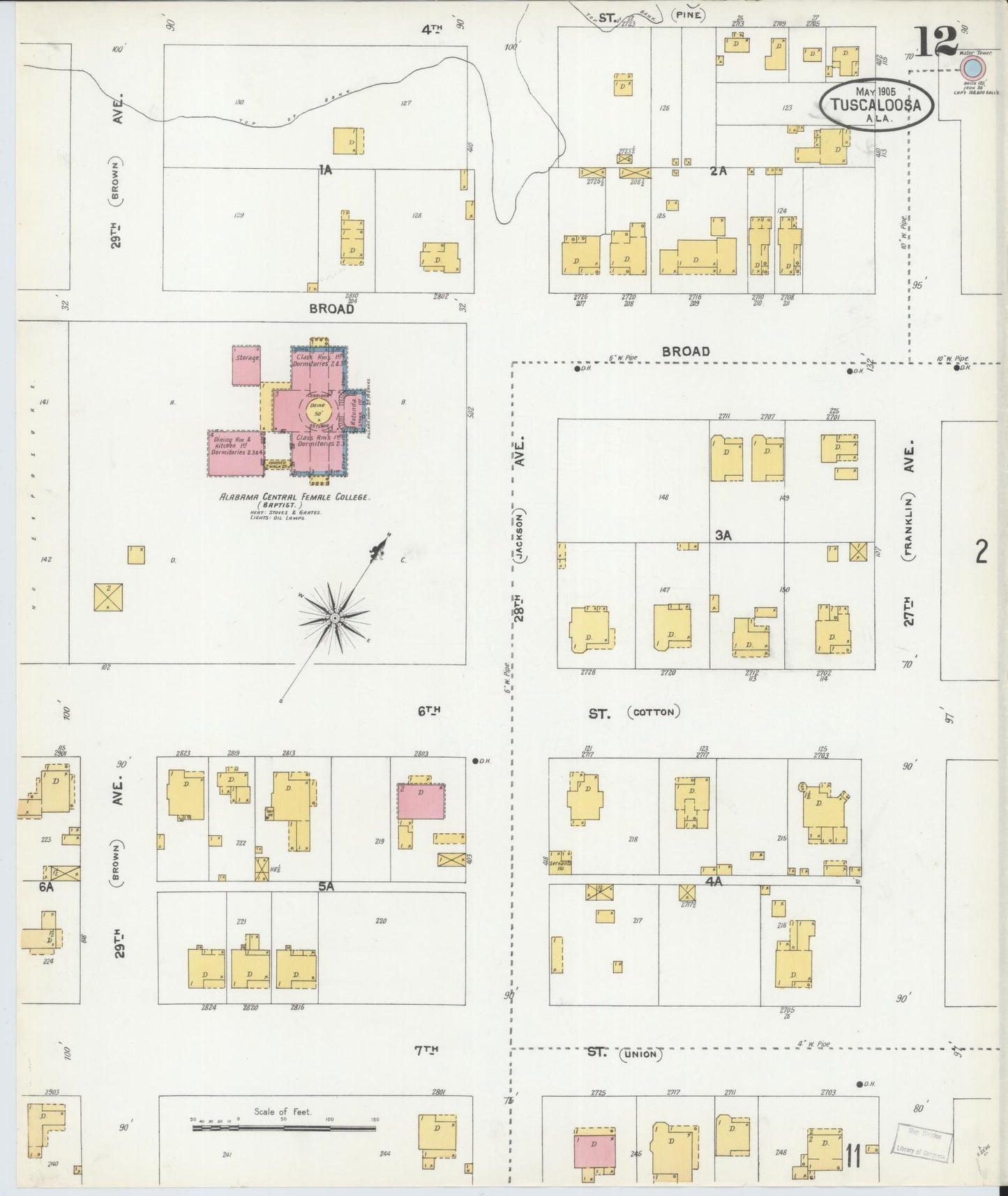 Sanborn Fire Insurance Map from Tuscaloosa, Tuscaloosa County, Alabama (1905), Sheet #0012 - Historic Sanborn Fire Insurance Map Print, vintage old map wall art, antique decor, genealogy gift, Alabama Alabama map