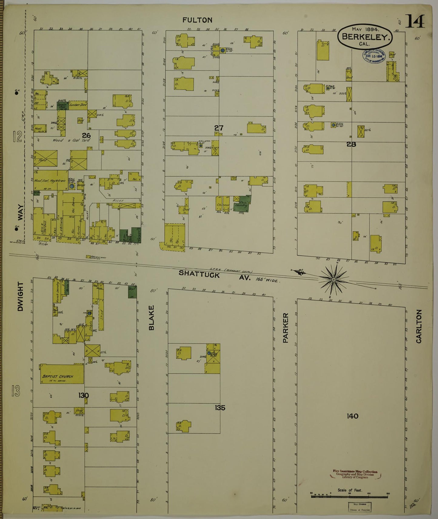 Sanborn Fire Insurance Map from Berkeley, Alameda County, California (1894), Sheet #0014 - Historic Sanborn Fire Insurance Map Print, vintage old map wall art, antique decor, genealogy gift, California California map
