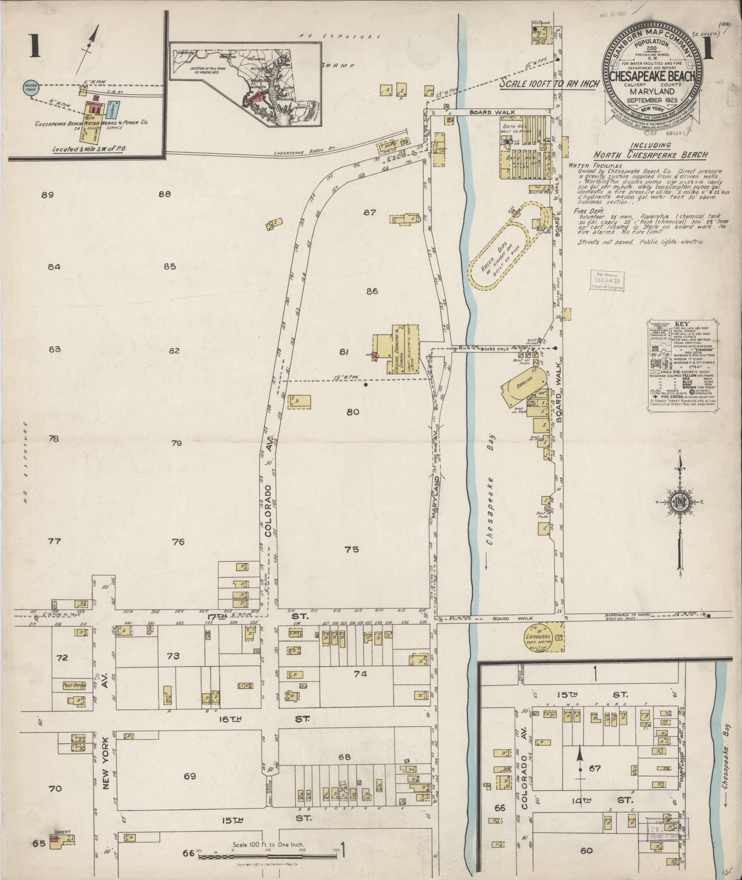 Sanborn Fire Insurance Map from Chesapeake Beach, Calvert County, Maryland (1923), Sheet #0001 - Historic Sanborn Fire Insurance Map Print, vintage old map wall art, antique decor, genealogy gift, Maryland Maryland map