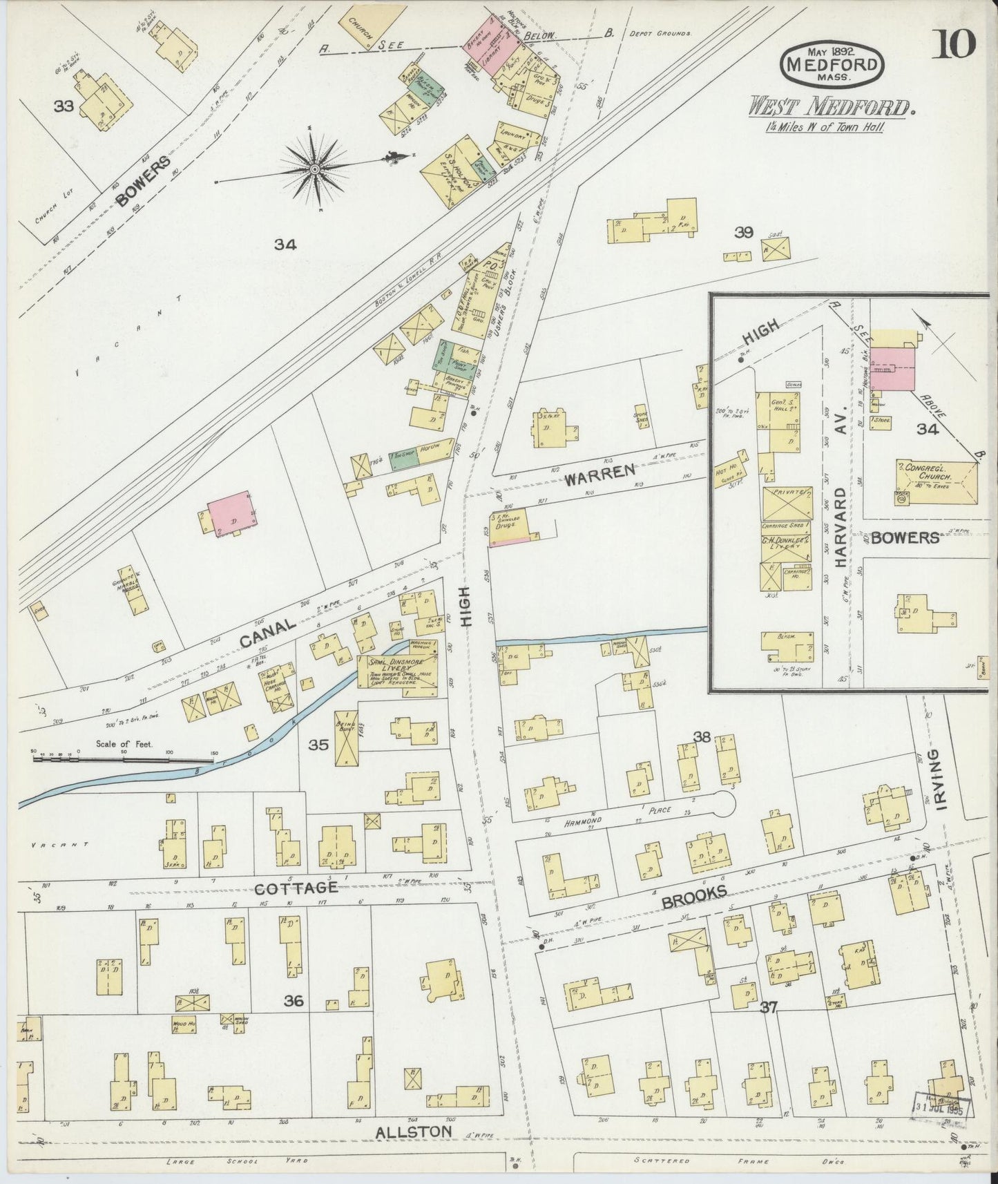 Sanborn Fire Insurance Map from Medford, Middlesex County, Massachusetts (1892), Sheet #0010 - Historic Sanborn Fire Insurance Map Print, vintage old map wall art, antique decor, genealogy gift, Massachusetts Massachusetts map