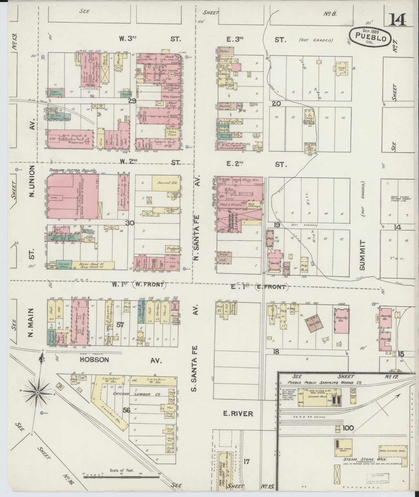 Sanborn Fire Insurance Map from Pueblo, Pueblo County, Colorado (1889), Sheet #0014 - Historic Sanborn Fire Insurance Map Print, vintage old map wall art, antique decor, genealogy gift, Colorado Colorado map