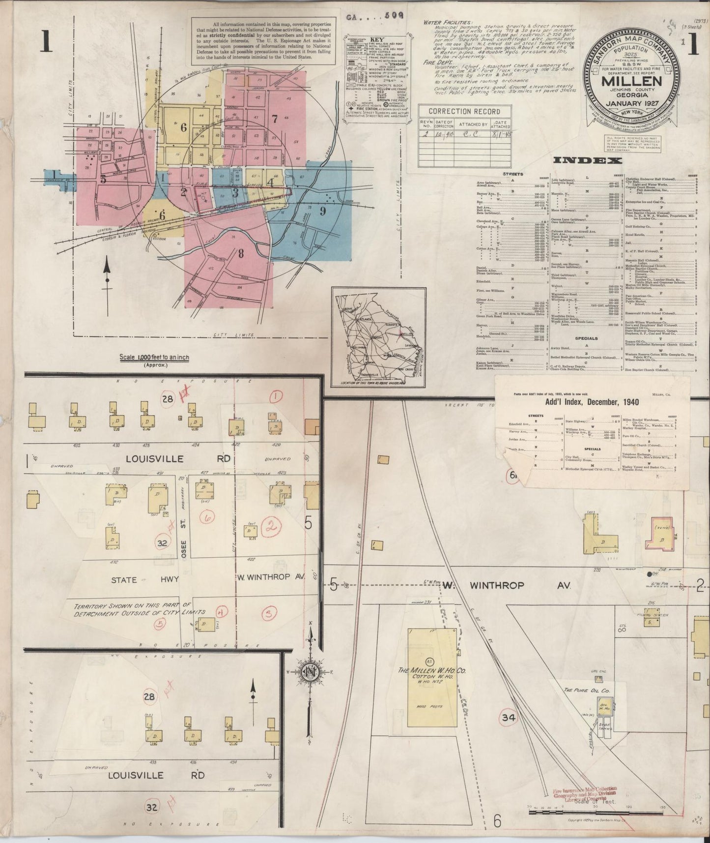 Sanborn Fire Insurance Map from Millen, Jenkins County, Georgia (1940), Sheet #0001 - Historic Sanborn Fire Insurance Map Print, vintage old map wall art, antique decor, genealogy gift, Georgia Georgia map