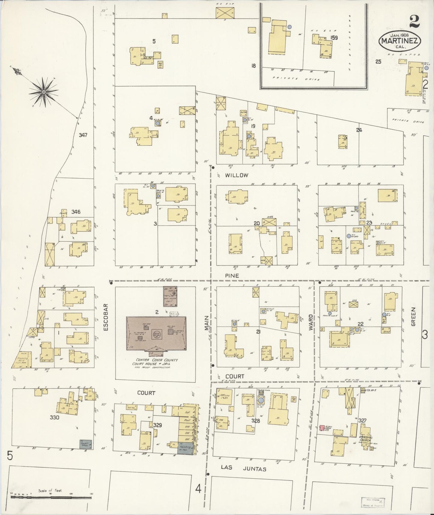 Sanborn Fire Insurance Map from Martinez, Contra Costa County, California (1908), Sheet #0002 - Historic Sanborn Fire Insurance Map Print, vintage old map wall art, antique decor, genealogy gift, California California map