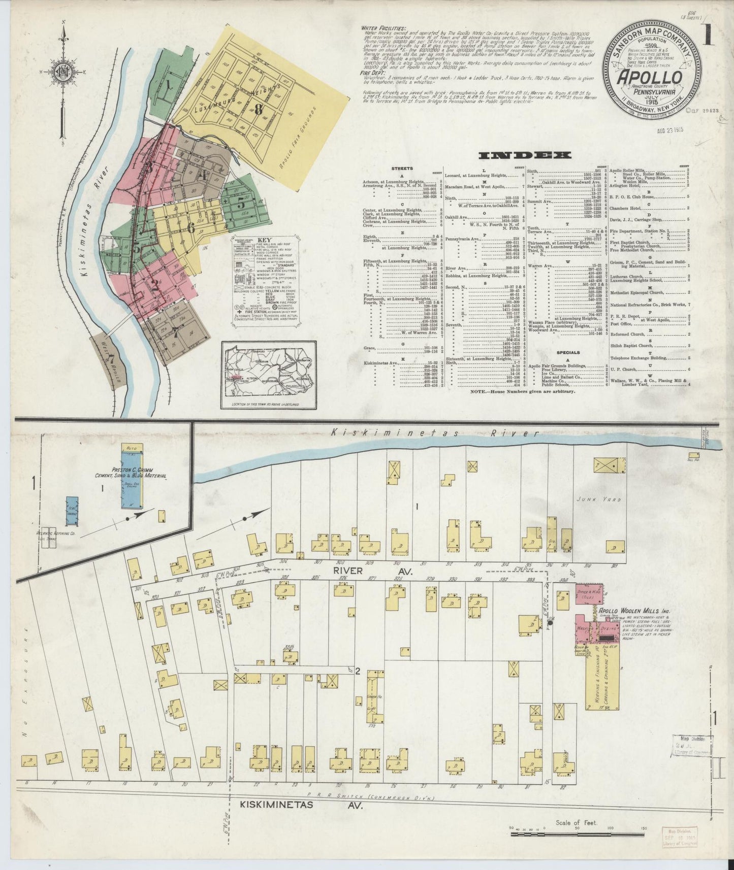 Sanborn Fire Insurance Map from Apollo, Armstrong County, Pennsylvania (1915), Sheet #0001 - Historic Sanborn Fire Insurance Map Print, vintage old map wall art, antique decor, genealogy gift, Pennsylvania Pennsylvania map