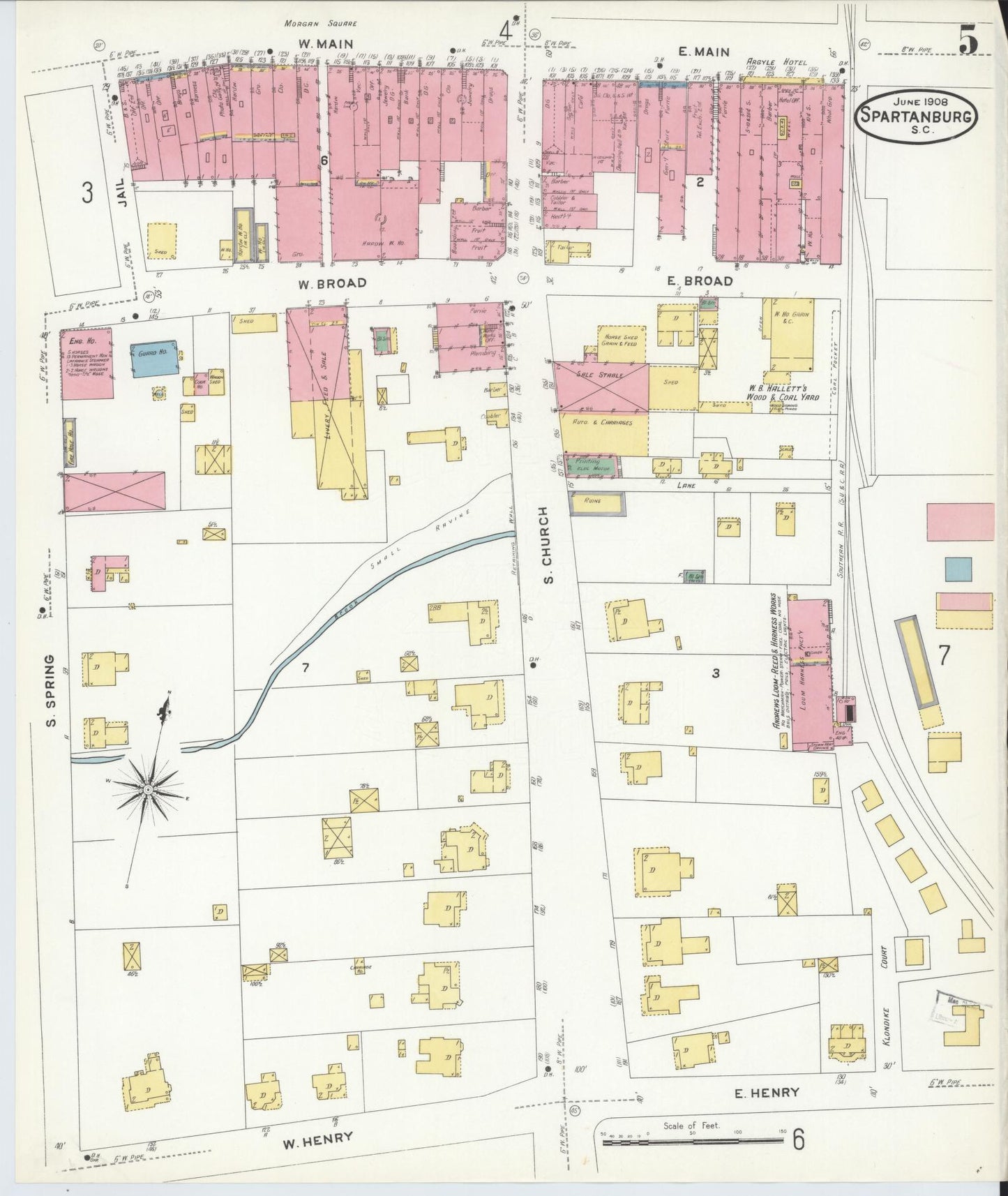 Sanborn Fire Insurance Map from Spartanburg, Spartanburg County, South Carolina (1908), Sheet #0005 - Historic Sanborn Fire Insurance Map Print, vintage old map wall art, antique decor, genealogy gift, South Carolina South Carolina map