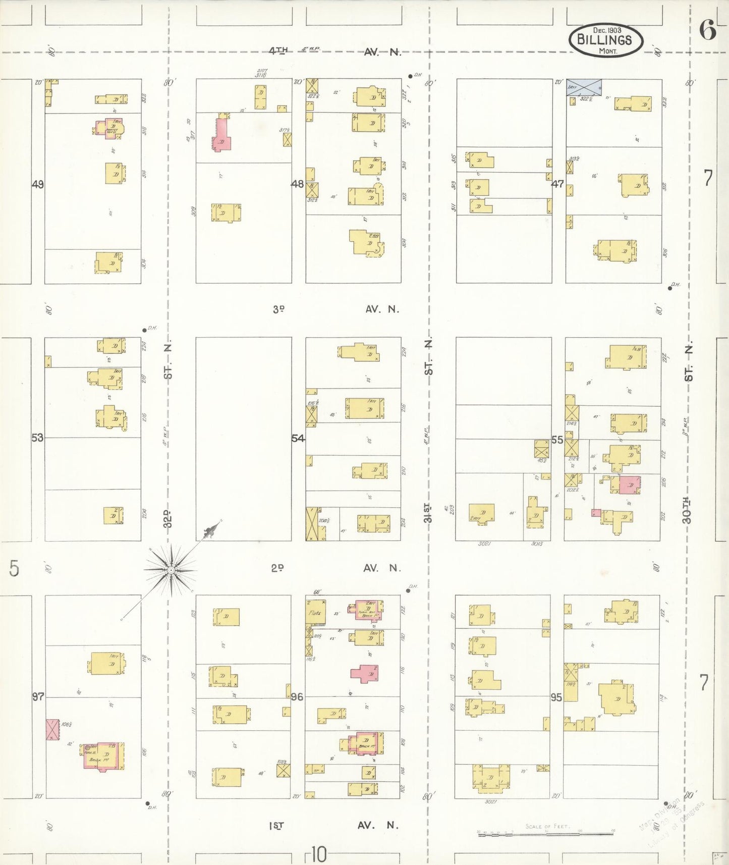 Sanborn Fire Insurance Map from Billings, Yellowstone County, Montana (1903), Sheet #0006 - Historic Sanborn Fire Insurance Map Print, vintage old map wall art, antique decor, genealogy gift, Montana Montana map