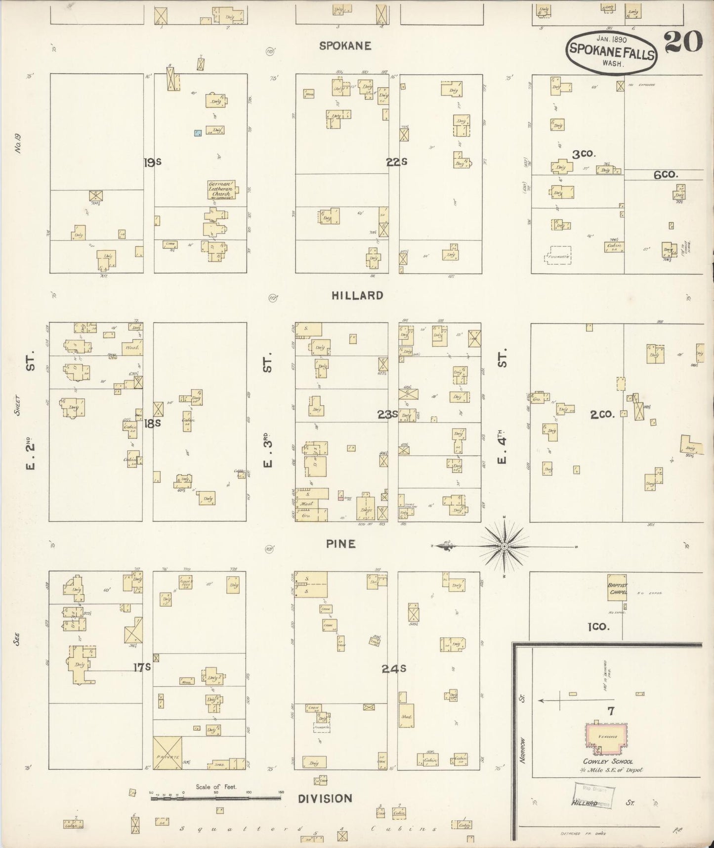 Sanborn Fire Insurance Map from Spokane, Spokane County, Washington (1890), Sheet #0020 - Historic Sanborn Fire Insurance Map Print, vintage old map wall art, antique decor, genealogy gift, Washington Washington map
