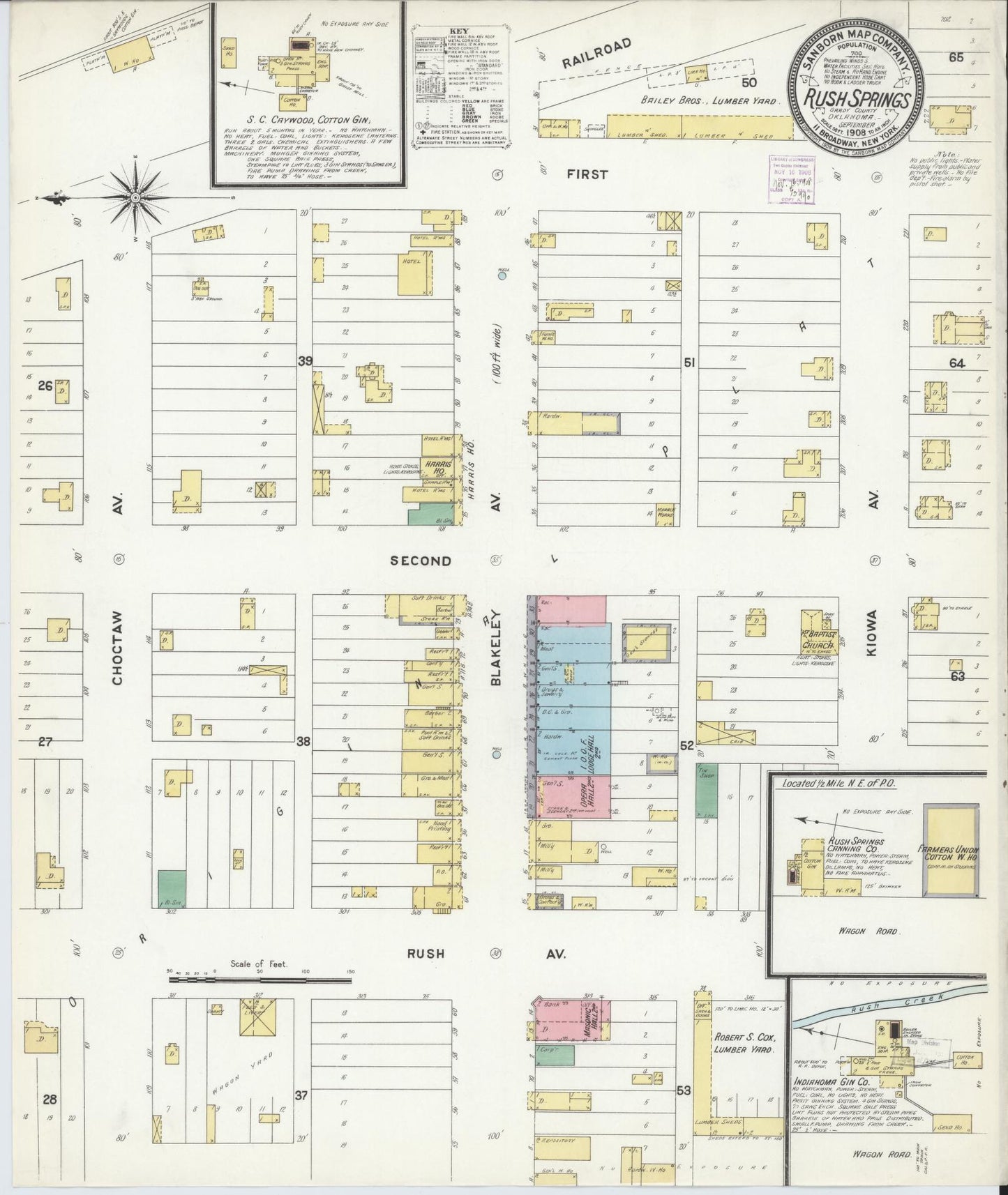 Sanborn Fire Insurance Map from Rush Springs, Grady County, Oklahoma (1908), Sheet #0001 - Historic Sanborn Fire Insurance Map Print, vintage old map wall art, antique decor, genealogy gift, Oklahoma Oklahoma map