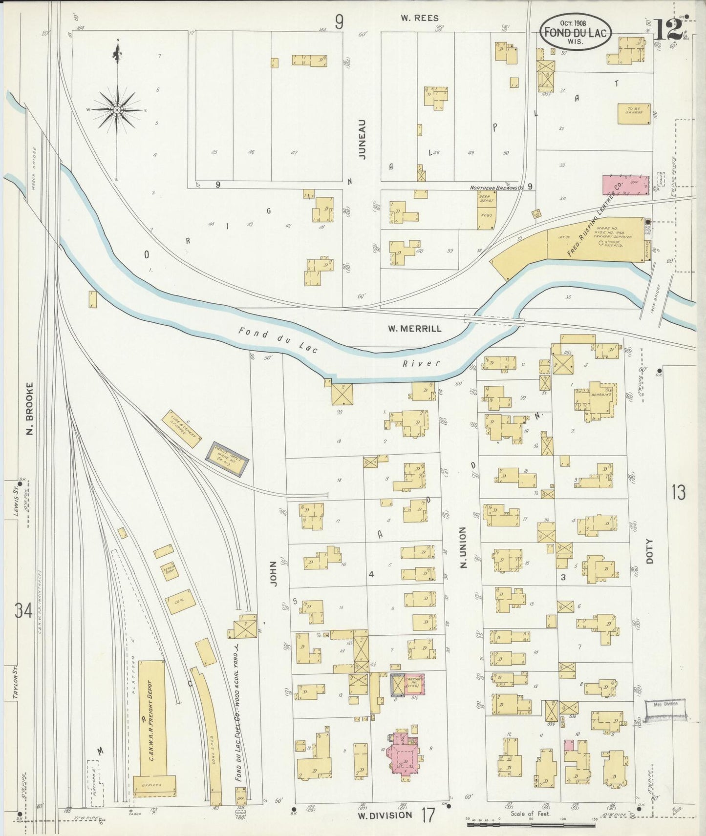 Sanborn Fire Insurance Map from Fond du Lac, Fond du Lac County, Wisconsin (1908), Sheet #0012 - Historic Sanborn Fire Insurance Map Print, vintage old map wall art, antique decor, genealogy gift, Wisconsin Wisconsin map