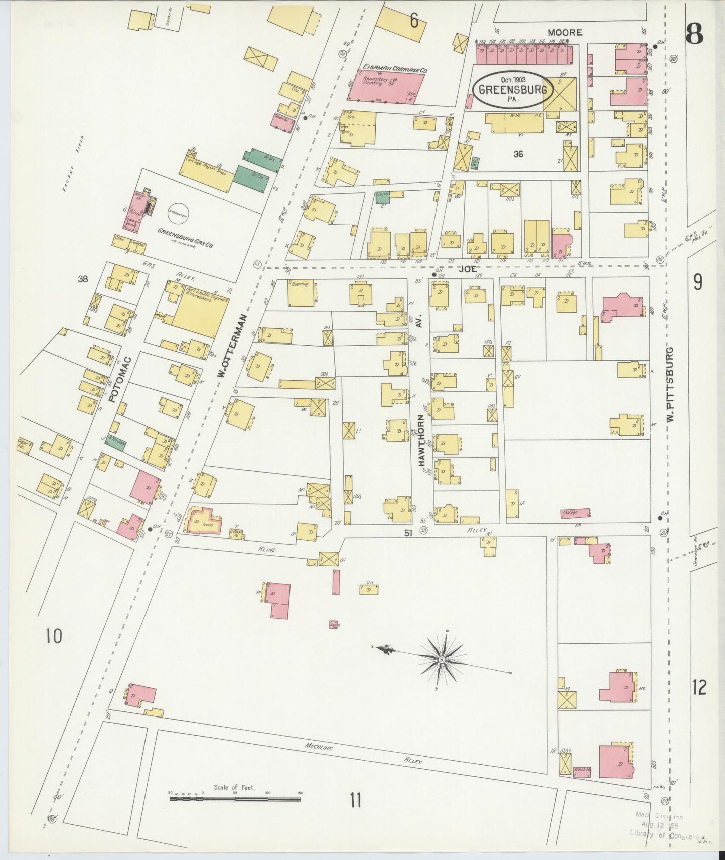Sanborn Fire Insurance Map from Greensburg, Westmoreland County, Pennsylvania (1903), Sheet #0008 - Historic Sanborn Fire Insurance Map Print, vintage old map wall art, antique decor, genealogy gift, Pennsylvania Pennsylvania map