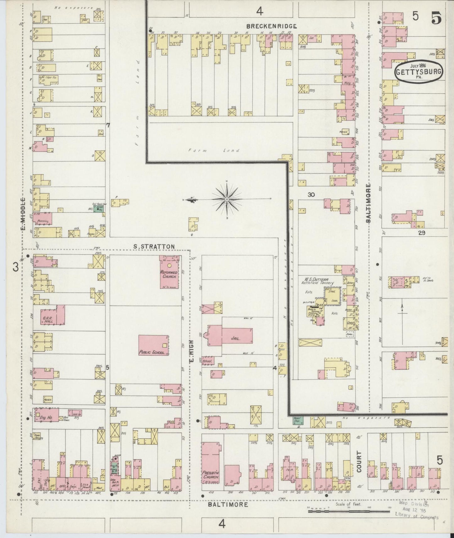 Sanborn Fire Insurance Map from Gettysburg, Adams County, Pennsylvania (1896), Sheet #0005 - Historic Sanborn Fire Insurance Map Print, vintage old map wall art, antique decor, genealogy gift, Pennsylvania Pennsylvania map