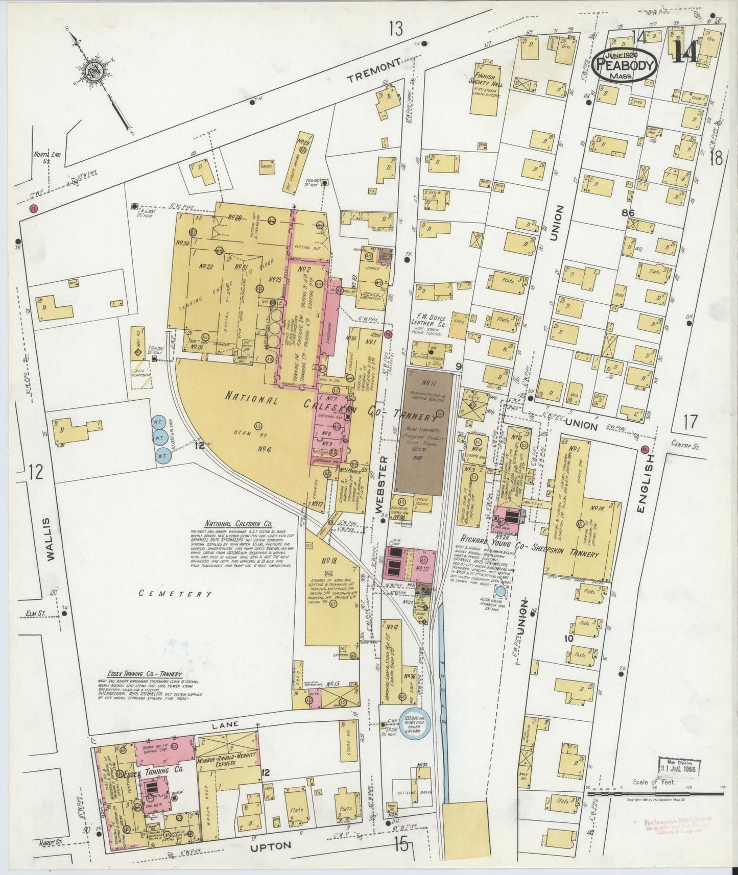 Sanborn Fire Insurance Map from Peabody, Essex County, Massachusetts (1920), Sheet #0014 - Historic Sanborn Fire Insurance Map Print, vintage old map wall art, antique decor, genealogy gift, Massachusetts Massachusetts map