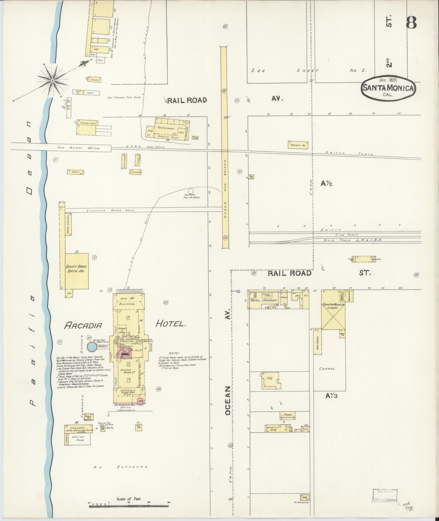 Sanborn Fire Insurance Map from Santa Monica, Los Angeles County, California (1891), Sheet #0008 - Complete Map Set gallery image, historic Sanborn map, vintage wall art, California California