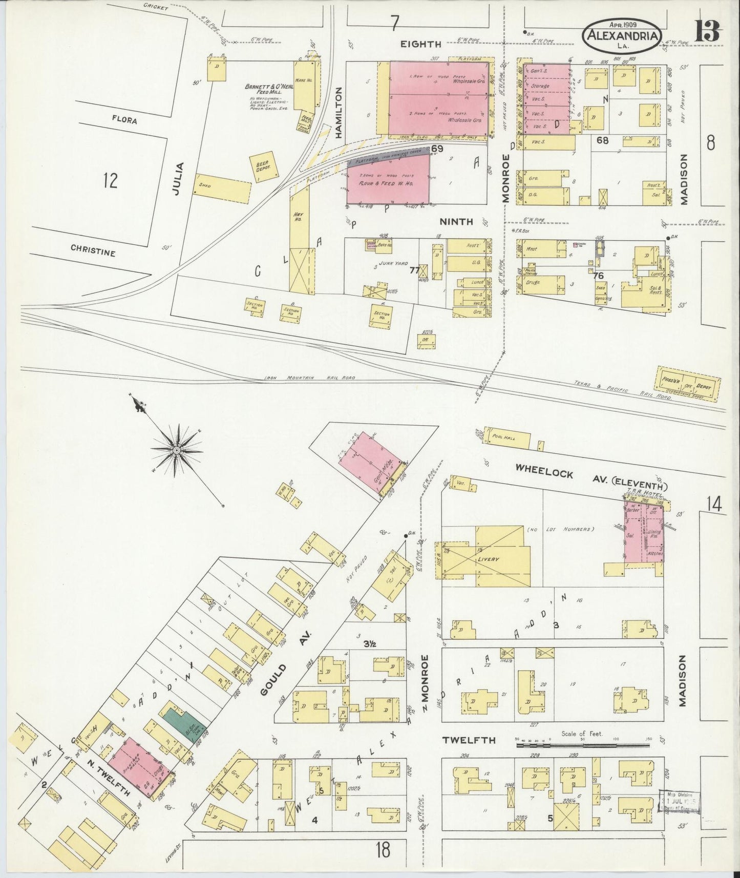 Sanborn Fire Insurance Map from Alexandria, Rapides Parish, Louisiana (1909), Sheet #0013 - Historic Sanborn Fire Insurance Map Print, vintage old map wall art, antique decor, genealogy gift, Louisiana Louisiana map