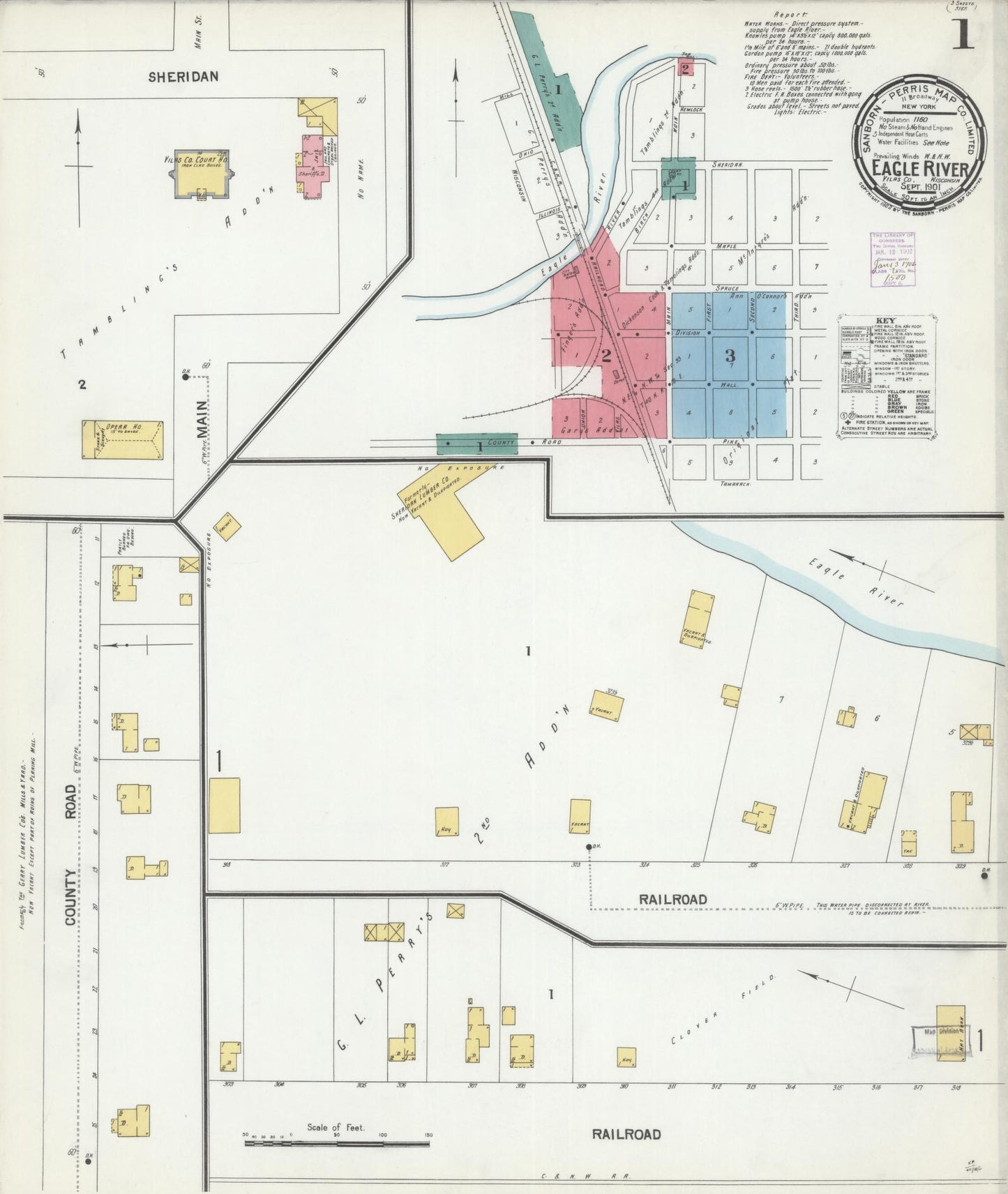 Sanborn Fire Insurance Map from Eagle River, Vilas County, Wisconsin (1901), Sheet #0001 - Historic Sanborn Fire Insurance Map Print, vintage old map wall art, antique decor, genealogy gift, Wisconsin Wisconsin map