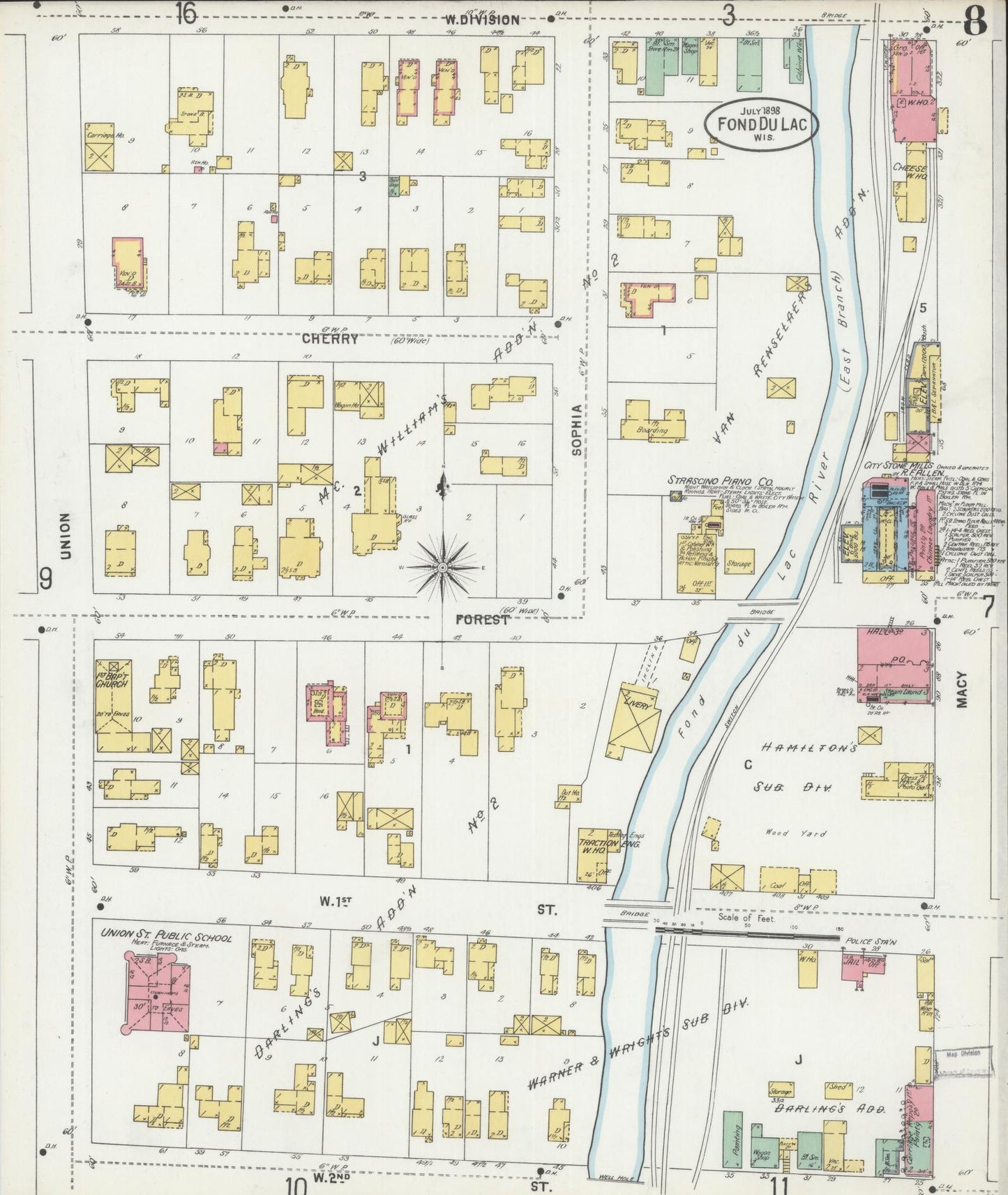 Sanborn Fire Insurance Map from Fond du Lac, Fond du Lac County, Wisconsin (1898), Sheet #0008 - Historic Sanborn Fire Insurance Map Print, vintage old map wall art, antique decor, genealogy gift, Wisconsin Wisconsin map