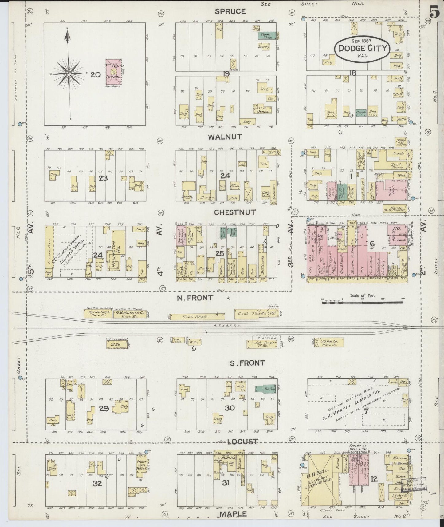 Sanborn Fire Insurance Map from Dodge City, Ford County, Kansas (1887), Sheet #0005 - Historic Sanborn Fire Insurance Map Print, vintage old map wall art, antique decor, genealogy gift, Kansas Kansas map