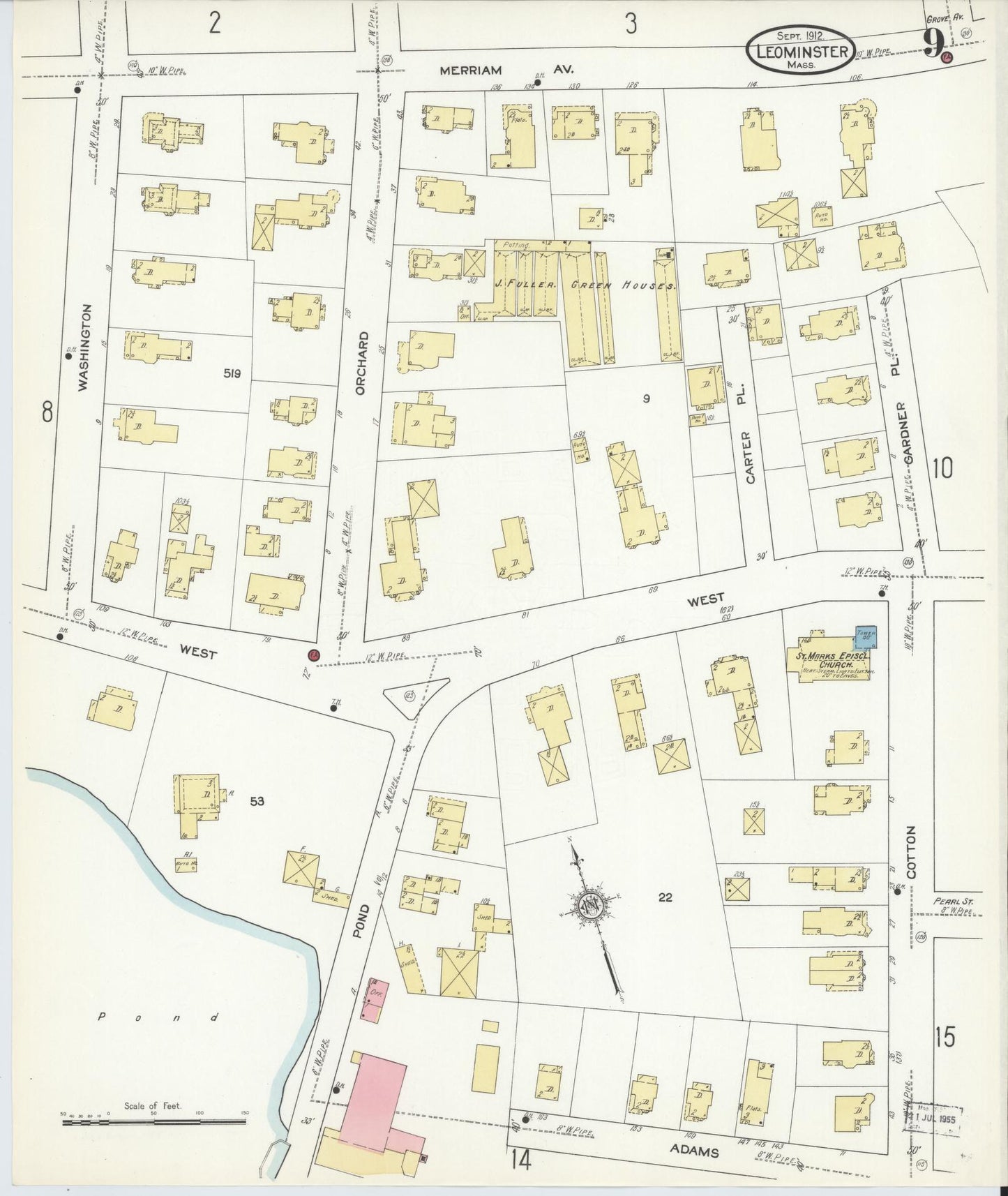 Sanborn Fire Insurance Map from Leominster, Worcester County, Massachusetts (1912), Sheet #0009 - Historic Sanborn Fire Insurance Map Print, vintage old map wall art, antique decor, genealogy gift, Massachusetts Massachusetts map