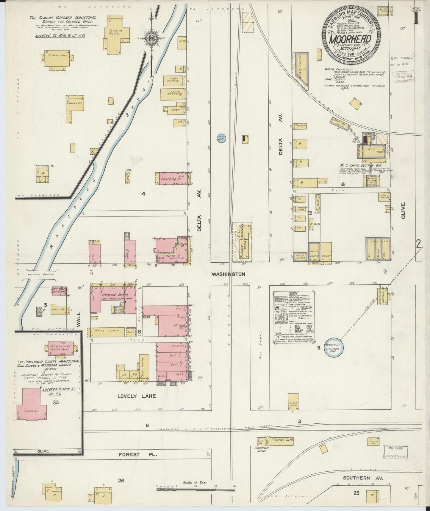 Sanborn Fire Insurance Map from Moorhead, Sunflower County, Mississippi (1911), Sheet #0001 - Historic Sanborn Fire Insurance Map Print, vintage old map wall art, antique decor, genealogy gift, Mississippi Mississippi map