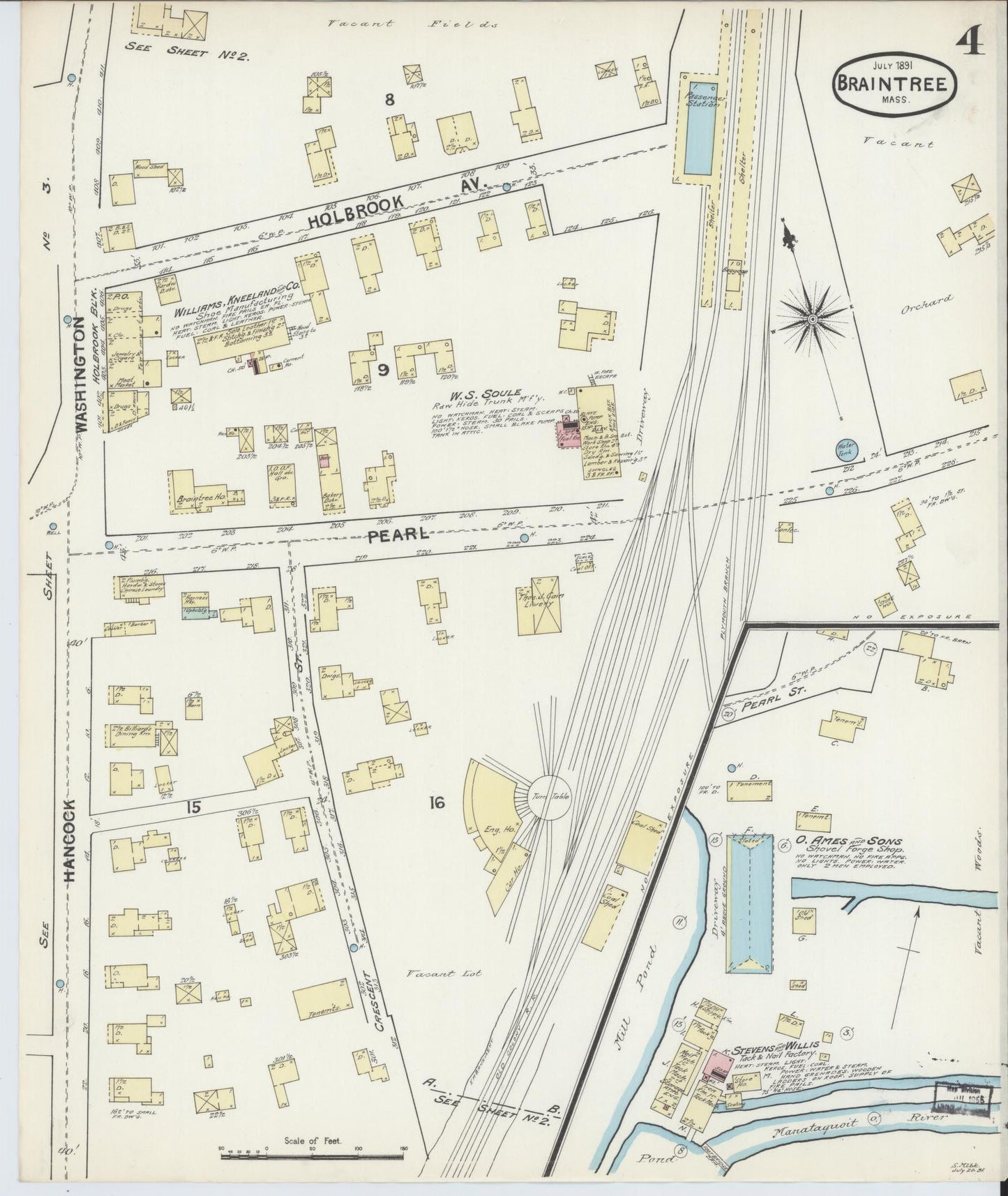 Sanborn Fire Insurance Map from Braintree, Norfolk County, Massachusetts (1891), Sheet #0004 - Historic Sanborn Fire Insurance Map Print, vintage old map wall art, antique decor, genealogy gift, Massachusetts Massachusetts map