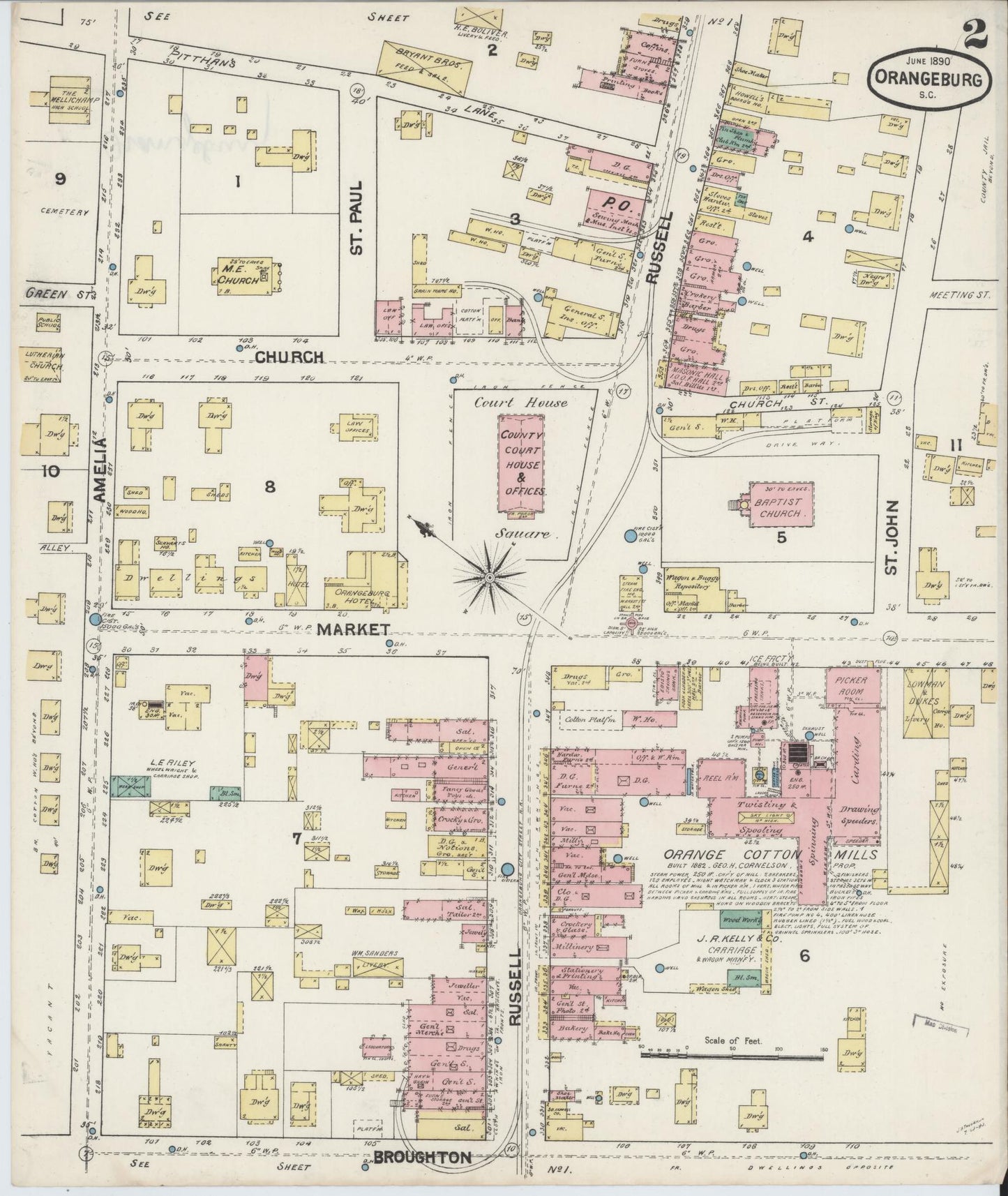 Sanborn Fire Insurance Map from Orangeburg, Orangeburg County, South Carolina (1890), Sheet #0002 - Complete Map Set gallery image, historic Sanborn map, vintage wall art, South Carolina South Carolina