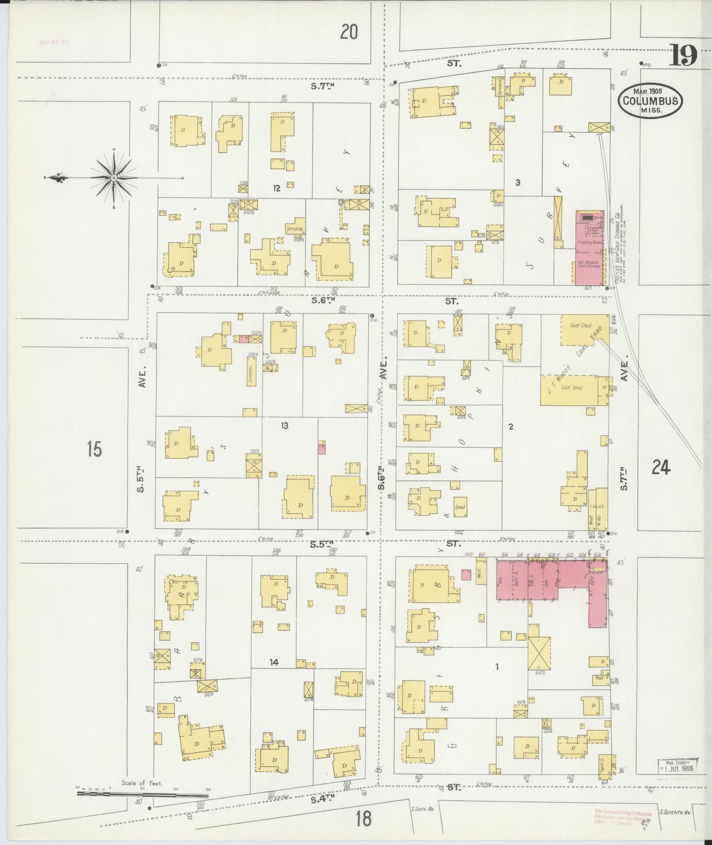 Sanborn Fire Insurance Map from Columbus, Lowndes County, Mississippi (1905), Sheet #0019 - Historic Sanborn Fire Insurance Map Print, vintage old map wall art, antique decor, genealogy gift, Mississippi Mississippi map