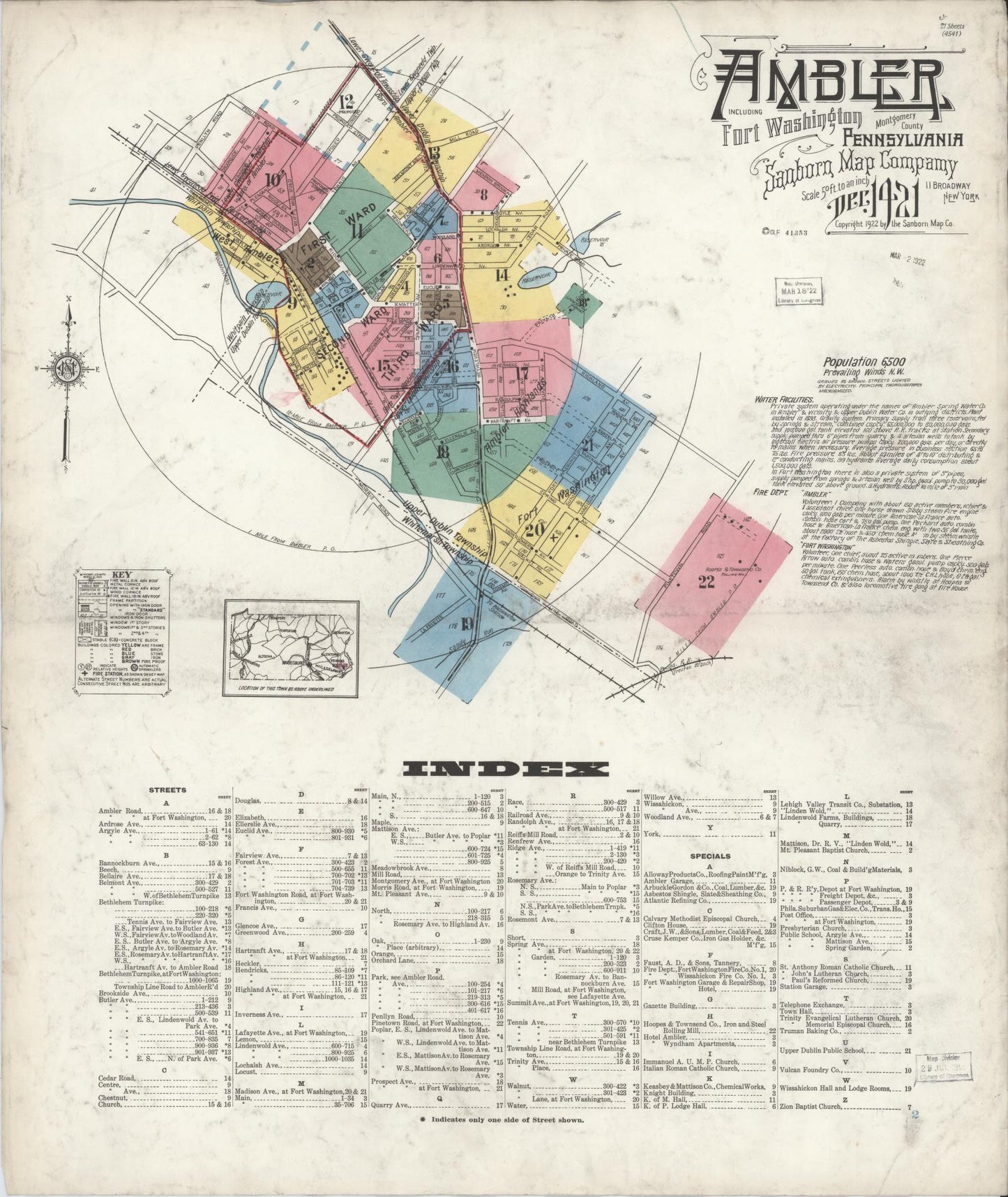 Sanborn Fire Insurance Map from Ambler, Montgomery County, Pennsylvania (1921), Sheet #0001 - Historic Sanborn Fire Insurance Map Print, vintage old map wall art, antique decor, genealogy gift, Pennsylvania Pennsylvania map