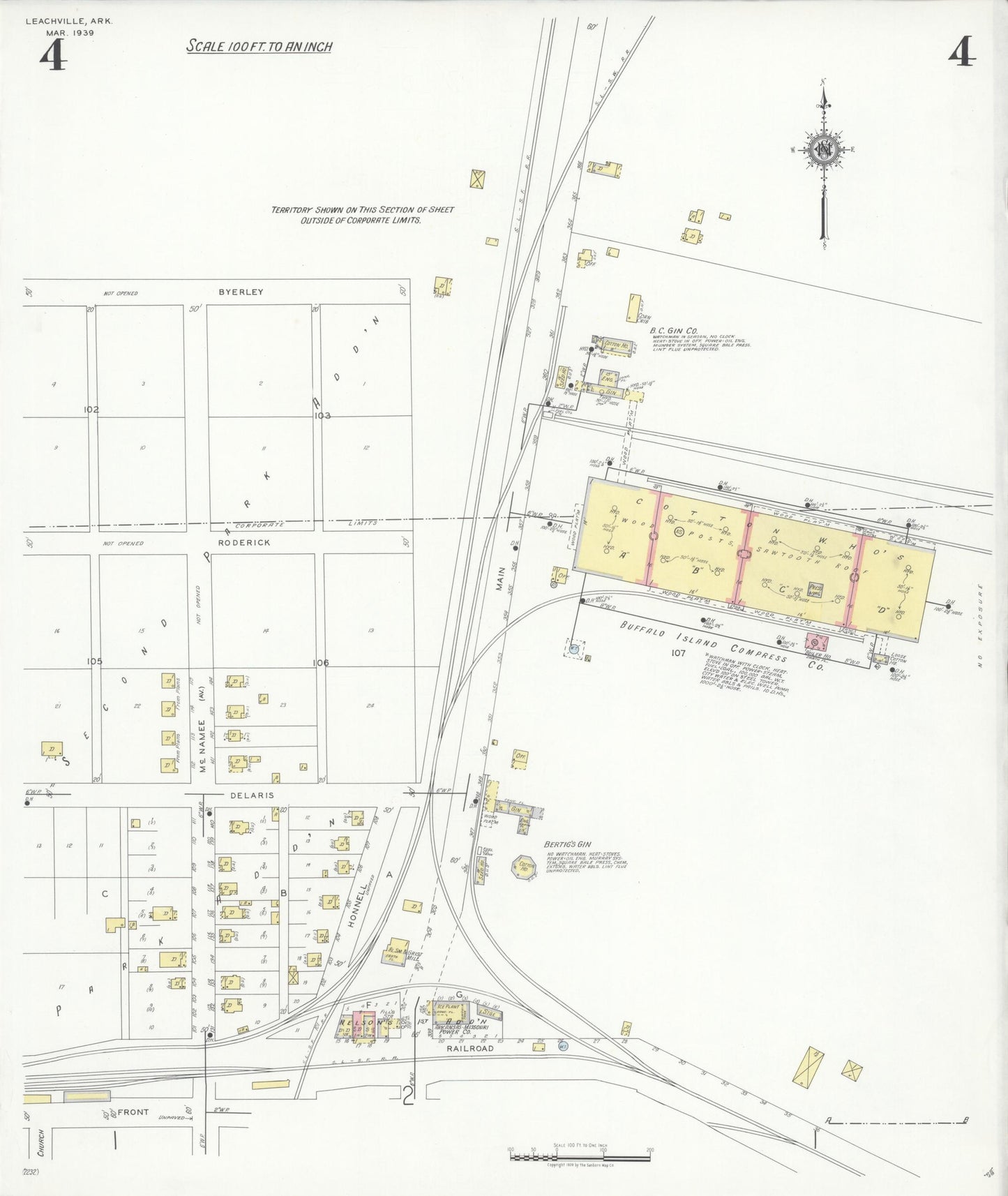 Sanborn Fire Insurance Map from Leachville, Mississippi County, Arkansas (1939), Sheet #0004 - Historic Sanborn Fire Insurance Map Print, vintage old map wall art, antique decor, genealogy gift, Arkansas Arkansas map